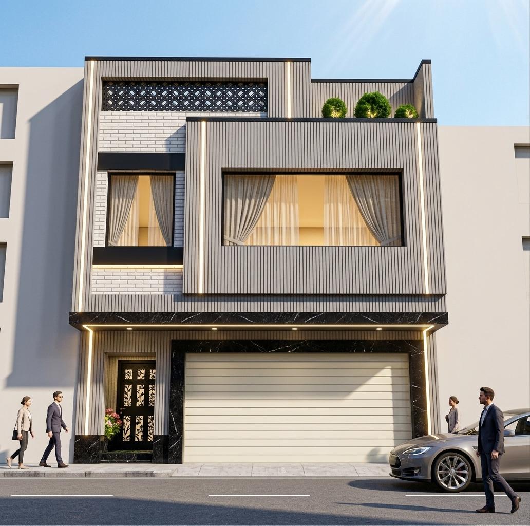 An incredibly lifelike, richly detailed, photorealistic low-angle architectural shot of a modern, luxurious multi-story townhouse facade set in a bustling spring urban alley flanked by light-colored neighboring buildings. The scene is illuminated by bright midday spring sunshine combined with intricate, integrated warm linear and spot architectural lighting, creating a sophisticated and dynamic "techno wonderland" atmosphere. Captured with a professional tilt-shift lens, emphasizing the striking contrast of polished black granite with white veins, vertical white brickwork, and warm interior glows, the composition highlights a highly structured, premium facade design. Thirty percent of the facade is clad in texture-rich vertical white brick, beautifully complementing the ribbed grey paneling and the stark black trim accents along the roof eaves and intermediate cantilevered edges which remain precisely defined. Exactly as specified, the polished black granite with white veins lines the foundation, steps, and lower horizontal bands, framing a sleek, cream-colored segmented garage door. To the left, inside a recessed vestibule featuring a small, vibrant ground-floor garden with lush spring flowers, sits a sophisticated black metal entrance door adorned with a delicate, CNC-cut flower and leaf pattern, illuminated from above by a recessed spot light set into the cantilevered pilot ceiling. Two-way linear LED lights stretch gracefully up the left and right borders of the facade, casting a warm wash of light that highlights the architectural boundaries. On the upper floors, sheer, elegant curtains are visible behind the large glass windows, glowing with warm, welcoming interior lighting, while the top-right open-air terrace bursts with manicured green shrubs and planters fitted with soft landscape spot lighting. Moving down to the street level, a couple of stylishly dressed pedestrians scroll along the clean asphalt alleyway while a sleek, modern car is parked alongside, grounding this high-end, brilliantly lit architectural masterpiece in a lively, upscale city environment.