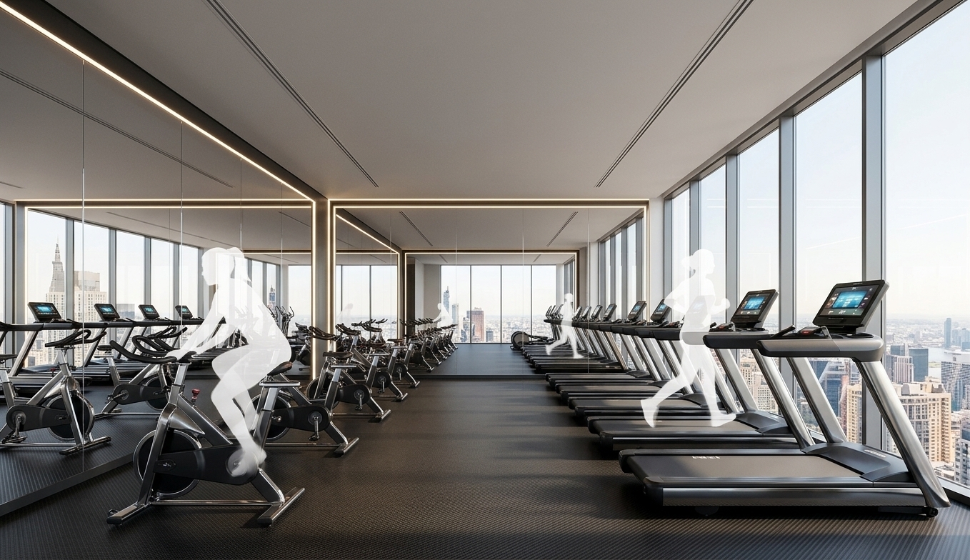An incredibly lifelike, richly detailed, photorealistic wide-angle interior photo of a sleek, state-of-the-art fitness gym set in a luxurious high-rise apartment complex. The scene is illuminated by bright, natural morning sunshine pouring through a massive, newly integrated floor-to-ceiling panoramic glass window that reveals a breathtaking, sprawling city skyline, creating an inspiring and highly energetic atmosphere. Captured with a professional 24mm focal length lens, emphasizing the flawless textures of dark, premium carbon-fiber-reinforced performance flooring, pristine matte-black surfaces, and shimmering chrome-finished machinery. Facing the incredible metropolitan view, rows of sophisticated, high-end motor treadmills and modern stationary spin bikes with glowing interactive touchscreens replace the older rigs, showcasing contemporary elegance in their geometric alignment. Faintly glowing, elegant white translucent silhouettes of people are captured in motion using the space—some running in full stride on the treadmills, others cycling fluidly—adding a dynamic, life-filled energy to the clean architectural design, while the opposite wall features expansive, polished floor-to-ceiling mirrors that beautifully bounce the daylight and double the spaciousness of this elite training environment.