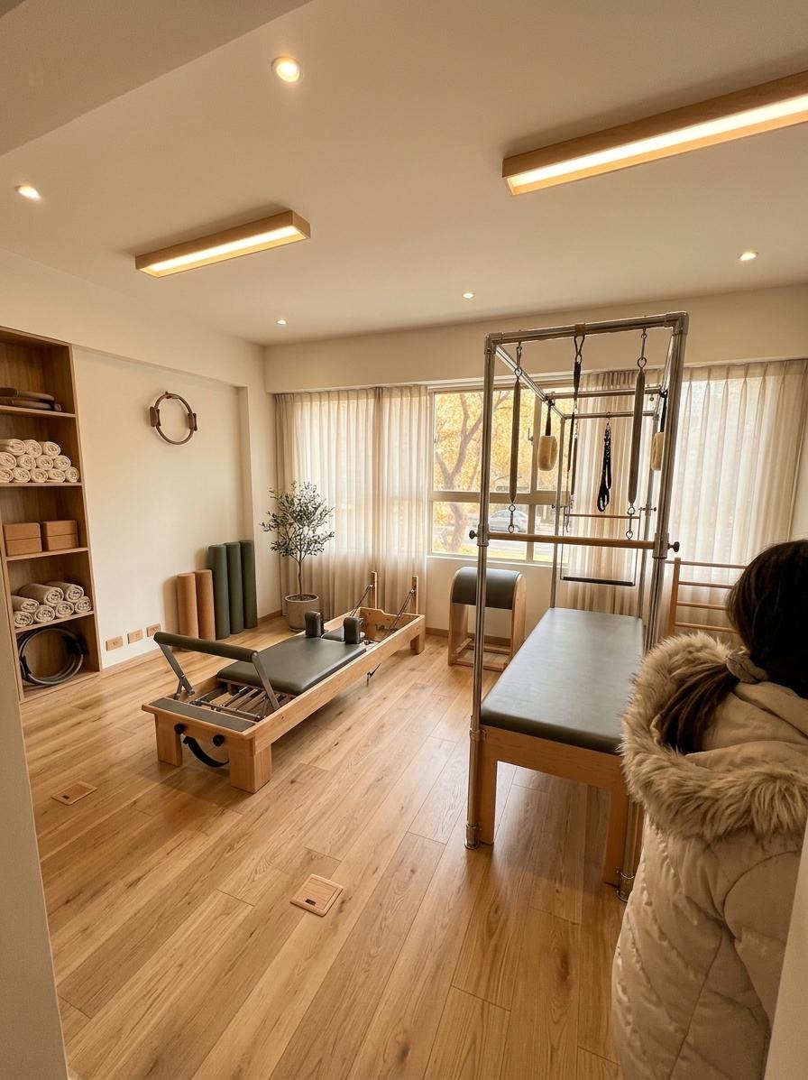 An incredibly lifelike, richly detailed, photorealistic wide-angle interior photograph of a serene, minimalist Pilates studio set in a bright, tranquil wellness haven. The scene is illuminated by soft, diffused afternoon sunlight filtering through floor-to-ceiling sheer linen curtains over the large window, creating a serene, warm, and comforting atmosphere. Captured with a premium architectural camera with a 24mm tilt-shift lens, emphasizing the authentic grain of the newly laid light oak wood flooring, the polished maple finishes, and metallic textures. What once was a bare room with tile flooring is now a luxurious boutique gym space. At the center of the room, a high-end wood-framed reformer with charcoal leather padding is aligned to capture the soft light. Beside it stands a majestic Pilates Cadillac with gleaming stainless steel towers and neatly hung leather straps, while a matching wooden ladder barrel sits nearby to complete the balanced, asymmetrical training layout. Along the side wall, a handsome, built-in minimalist wooden shelving unit holds neatly rolled towels, cork blocks, reform rollers, and pilates rings, keeping the area tidy and spacious. The overhead harsh lighting is replaced with dimmable recessed warm LED spotlights that throw a soft glow along the walls, completing this harmonious, high-end sanctuary tailored for physical and mental alignment.