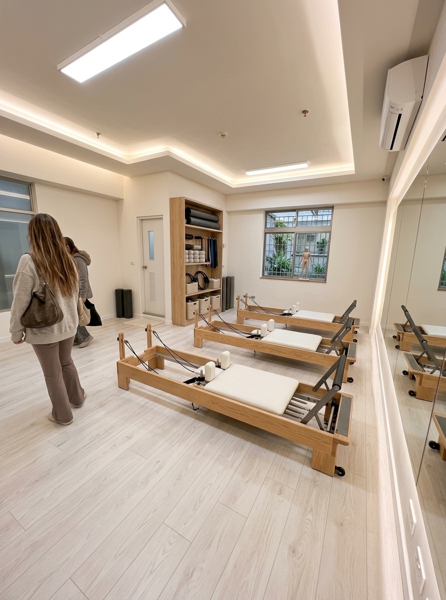 An incredibly lifelike, richly detailed, photorealistic wide-angle interior photo of a beautiful modern Pilates group class studio set in a minimalist wellness haven. The scene is illuminated by a combination of warm, integrated flush-mount ceiling lights and the soft, diffused aura of indirect LED backlighting, creating a serene, clean, and highly motivating atmosphere. Captured with a 35mm architectural lens, emphasizing the fine textures of the white-washed wood grain, the smooth leather of the reformers, and the polished glass elements, the redesigned room completely transforms the original space. Replacing the clinical tiles, the floor is now finished in a premium white wood-grain timber flooring that adds organic warmth underfoot. Symmetrically arranged across the studio are four state-of-the-art Pilates reformer machines crafted from natural light oak and clad in white vinyl upholstery, perfectly spaced for optimal movement and flow. The long right wall is dominated by a majestic, seamless mirror with elegant, hidden backlit illumination that accentuates the depth of the room, while a high-tech, minimalist white wall-mounted air conditioner is subtly integrated above. Overhead, the harsh fluorescent fixtures have been replaced with stylish recessed coves and sleek architectural panel lights that softly elevate the ceiling height. Near the minimalist door leading to the bathroom, a custom-built, floor-to-ceiling wooden storage niche beautifully organizes Pilates props, including neatly stacked foam rollers, resistance bands, and Pilates rings in neutral-toned woven baskets, ensuring the entire fitness gym remains a clutter-free, harmonious sanctuary of physical well-being.