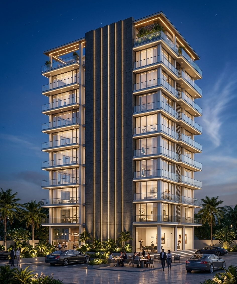 An incredibly lifelike, richly detailed, photorealistic wide-angle exterior night shot of a completed, ultra-modern 10-storey high-rise tower inspired by the structural model, set in a vibrant coastal neighborhood of Colombo, Sri Lanka during a sultry summer night. The scene is illuminated by glowing warm-white LED architectural lighting integrated into the balconies, soft interior light spills from floor-to-ceiling glass apartments, and a deep twilight blue HDRI sky, creating an upscale and lively tropical atmosphere. Captured with a professional 24mm tilt-shift lens, emphasizing the razor-sharp reflections on the glass curtain walls, the pristine finishes of brushed aluminum mullions, and the intricate textures of the flanking royal palm trees. This finished masterpiece converts the structural frame into a state-of-the-art building, featuring sleek cantilevering balconies, a centralized structural core clad in textured charcoal stone, and a bustling ground-floor plaza. At street level, the building’s foundations are replaced by a polished granite forecourt dotted with lush tropical landscaping, modern outdoor seating, glowing ground-level uplights, a couple of luxury sedans, and elegantly dressed people walking, all reflecting the premium urban lifestyle of Sri Lanka's capital.