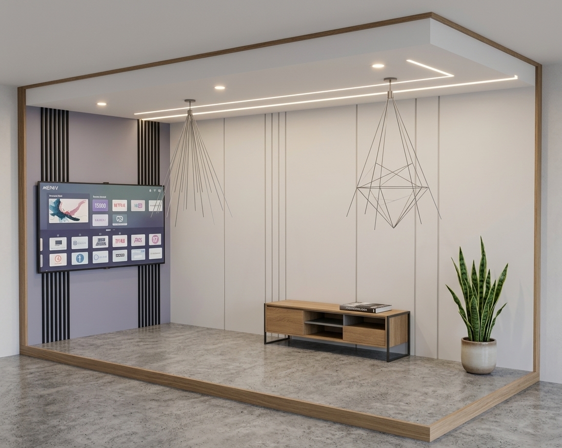 An incredibly lifelike, richly detailed, photorealistic medium-wide shot of a modern, minimalist attic haven set within a serene, converted loft environment. The scene is illuminated by soft, recessed warm spotlights and elegant, linear LED cove lights built into the clean white ceiling, creating a highly serene, calm, and uncluttered atmosphere. Captured with a professional medium-format camera and a 35mm prime lens, emphasizing the delicate, tactile textures of the matte-finished walls, the smooth grain of natural wood, and the cool, polished concrete floor. Following the architectural layout of the original structure, the dominant back wall is finished in a soothing, subtle pastel gray with precise vertical groove paneling, while the left accent wall features a flat, slimline digital screen beautifully integrated between elegant vertical black-metal slats over a soft lavender-gray background panel, doubling as abstract wall art. A low-profile, sleek oak-and-metal credenza sits quietly on the floor, holding a carefully placed photography book, while a thriving, potted snake plant in a ceramic vessel stands nearby to inject a touch of organic life. The entire composition utilizes a sophisticated palette of whites, cool grays, and muted, subtle pastels, celebrating functional, streamlined design with absolutely clutter-free surfaces, embodying a peaceful, Zen-inspired sanctuary.