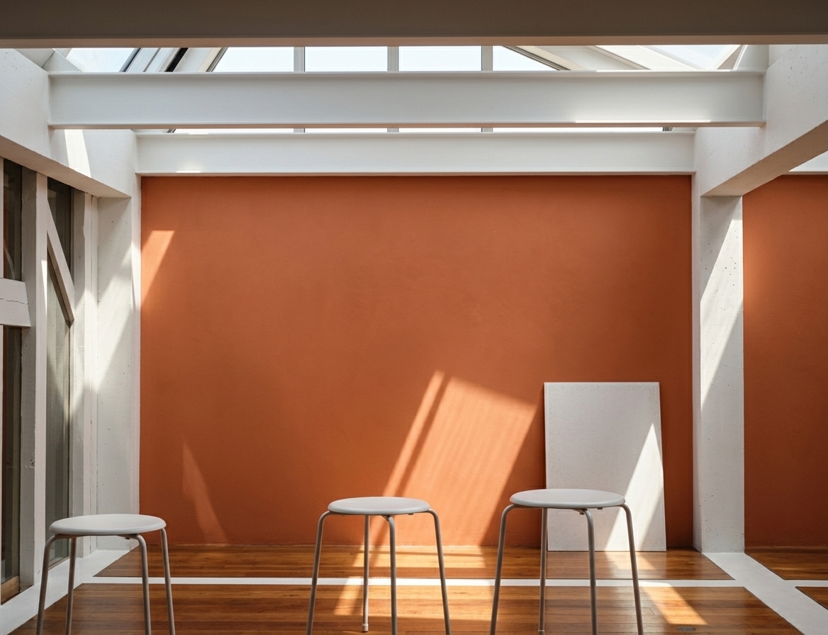 An incredibly lifelike, richly detailed, photorealistic wide-angle interior architectural photo of a creative art studio workshop room set in an adaptively reused historical industrial building. The scene is illuminated by bright, direct midday sunlight streaming through high-level glazed openings, creating a serene, minimalist haven atmosphere. Captured with a Hasselblad H6D-100c with a 28mm wide-angle lens, emphasizing the warm, ultra-matte texture of the terracotta-orange accent wall, the smooth finish of the white-painted concrete columns and overhead cross-beams, and the rich, polished grain of the restored wooden flooring. In this creative and bright workshop, three minimalist white circular stools with sleek metal frames are sparsely arranged in the foreground, catching sharp, linear sunshafts. The architectural composition highlights the dramatic play of light and shadow, highlighting the adaptive reuse of the structure where raw, historic proportions meet clean modern lines, resulting in a perfectly balanced space tailored for artistic focus and design collaboration.
