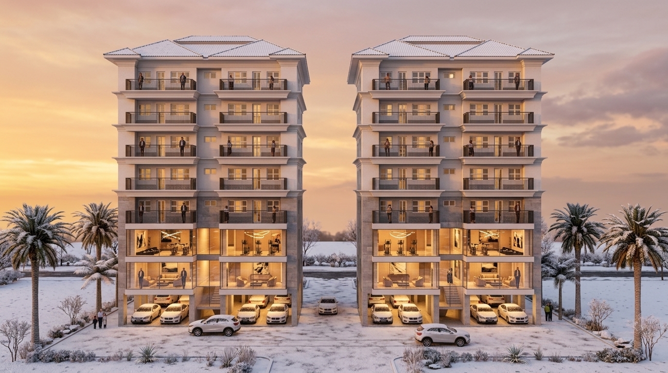 An incredibly lifelike, richly detailed, photorealistic wide-angle architectural shot of two elegant twin residential towers boasting an integrated luxury ground-floor fitness gym, set in a serene, snow-dusted parkland during winter. The scene is illuminated by the dramatic, golden-amber hues of a low winter sunset, creating a sophisticated and tranquil atmosphere. Captured with a 35mm prime tilt-shift lens, emphasizing the crisp geometric lines, polished stone structures, and the warm, inviting glow emanating from within. The architectural design epitomizes contemporary elegance, featuring a balanced, clean-lined facade finished in shades of warm white, pearl, and soft gray, crowned by a refined hip roof. On the ground level, expansive floor-to-ceiling glass windows reveal a state-of-the-art fitness gym and lounge area, boasting polished stone flooring, slim metal accents, and sculptural lighting. Inside, curated decor like abstract wall art, a display photography book, and tailored upholstered furniture in champagne tones create an airy, understated interior. The crisp winter air is palpable, with light snow clinging to minimal landscaping and the polished surfaces of white cars parked below, while the glowing sky casts a gentle gradient of rose and gold over the entire, highly polished compound.