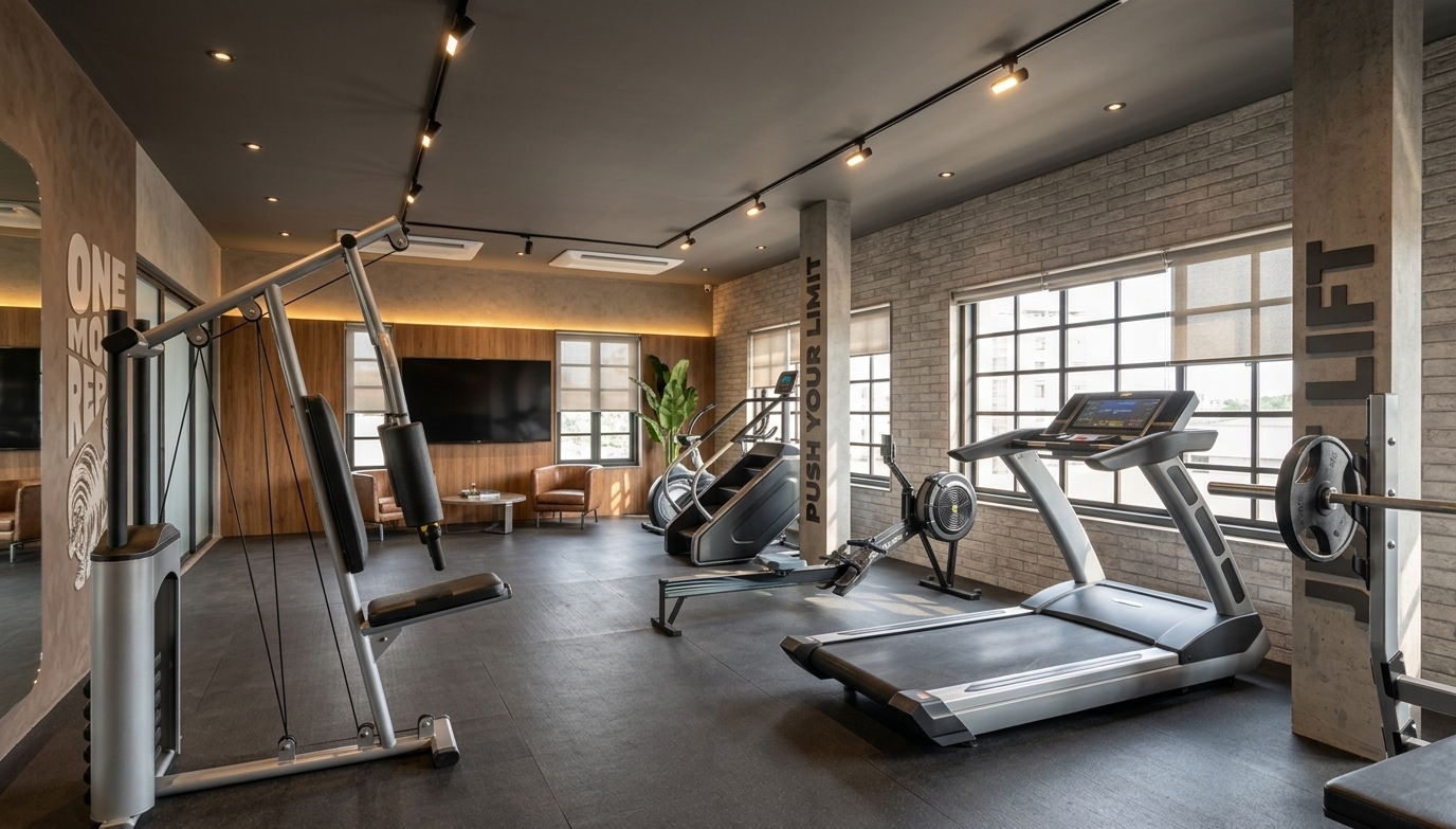 A wide-angle professional architectural photograph of a modern home gym, capturing the exact composition, layout, and perspective of the scene with rich physical realism. The matte grey ceiling features active, warm track lighting and recessed spotlights that cast soft, ambient cones of light downwards, beautifully balancing the cool, natural afternoon daylight streaming in through the gridded windows. Every material is rendered with realistic physics, displaying textured charcoal-grey rubber flooring tiles, powder-coated metallic frames on the multi-gym and treadmill with subtle specular highlights, and natural leather textures on the seat cushions. The pillars with embossed lettering show realistic depth and surface imperfections under the mixed lighting. In the background corner, the wood paneling behind the wall-mounted screen shows a natural satin grain, and the distant lounge furniture is rendered with soft fabric textures. The camera captures sharp, clean details from the foreground barbell to the background lounge, with gentle light-wrap, realistic diffuse shadows, and a natural, dust-free atmosphere that makes the space feel tangible and real.