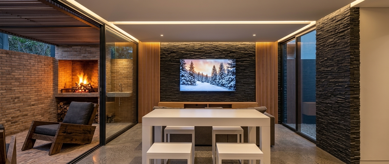 An incredibly lifelike, richly detailed, photorealistic interior photo of a modern fusion wellness lounge and fitness-adjacent relaxation space set in a luxury contemporary villa. The scene is illuminated by warm, indirect LED architectural lighting, the golden flicker of an outdoor fireplace, and the vibrant glow from a centered flat-screen TV, creating a warm and sophisticated atmosphere. Captured with a professional wide-angle lens, emphasizing the rich, highly defined textures of the split-face black slate feature wall, polished matte-gray concrete floors, and the organic grain of the vertical oak wood slats. In the foreground, a sleek, minimalist white high-top table with matching stools provides a crisp, geometric contrast. Through the massive sliding glass bay to the left, a cozy outdoor brick patio features a glowing fireplace with crackling wood, a rustic timber lounge chair with plush charcoal cushions, and a convenient prep area, seamlessly blending raw, natural outdoor materials with the refined, modern fusion interior.