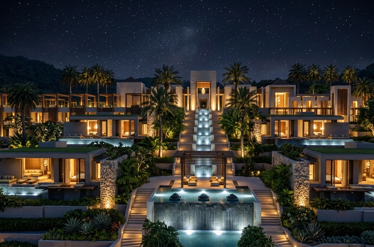 An incredibly lifelike, richly detailed, photorealistic wide-angle architectural shot of a luxurious modern tropical resort hotel built into a terraced hillside, set in a lush, exotic valley. The scene is illuminated by an elegant and brilliant arrangement of sophisticated warm LED uplighting, glowing villa interiors, and luminous underwater pool lights, creating a majestic, opulent, and enchanting atmosphere during a clear summer night. Captured with a high-end 24mm tilt-shift lens, emphasizing the rough, organic textures of the natural stone-clad retaining walls, the polished wooden pergolas, and the smooth, glassy ribbons of the central cascading waterfalls. Aesthetic tropical palm trees, lush ferns, and manicured ornamental plants are artfully integrated into every corner and terrace level, catching the bright architectural glows to cast dramatic soft shadows. The symmetrical, stepped composition perfectly showcases the integration of modern clean lines, green-roofed private cabanas, and flowing water elements, defining an ultra-luxury "travelers trove" escape under a deep, starry night sky.