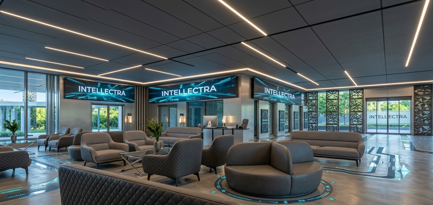 An incredibly lifelike, richly detailed, photorealistic wide-angle interior photo of a futuristic tech lobby set in a high-end, cyberpunk-inspired hotel hospitality environment. The scene is illuminated by crisp, warm linear LED light strips recessed into dark gray ceiling panels and the cool, electric-blue glow from multi-display curved screens emblazoned with the "INTELLECTRA" logo, creating a sophisticated, high-tech, and captivating techno-wonderland atmosphere. Captured with a professional 24mm tilt-shift lens, emphasizing the tactile textures of diamond-quilted gray leather lounge chairs, the polished sheen of the seamless concrete floor with embedded glowing digital circuitry patterns, and the smooth metallic paneling. Luxurious, curvilinear sofas and modular circular seating pods are arranged symmetrically across the expansive wait area, while a minimalist reception desk sits in the background beneath massive digital signage. Floor-to-ceiling glass doors and windows offer glimpses of outdoor foliage, framed by intricate laser-cut metal screen dividers that flank the entrance, beautifully blending cutting-edge architectural design with a polished, luxury aesthetic.