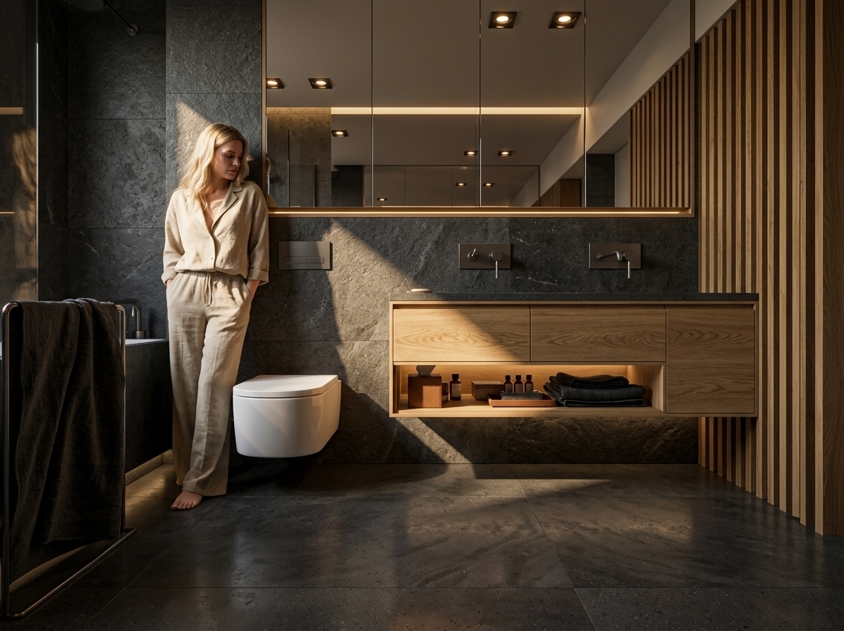 An incredibly lifelike, richly detailed, photorealistic medium wide shot of a luxury minimalist bathroom set in a secluded residential haven during a warm summer midday. The scene is illuminated by a sharp beam of direct, golden summer sunlight slicing diagonally across the dark stone walls and a warm, subdued 2700K integrated LED backlight, creating a dark, moody, and deeply serene atmosphere. Captured with a professional full-frame architectural camera and a 35mm tilt-shift lens, emphasizing the raw, organic textures of grey stone, the delicate natural grain of European oak, and the soft satin sheen of the floor. 

In this quiet sanctuary, a blonde woman stands barefoot in a relaxed stance, clad in a sand-colored linen lounge set that drapes with lifelike gravity and realistic creases. She leans gently against the dark, textured grey stone wall, her skin illuminated with soft subsurface scattering and anchored to the floor by precise, soft contact shadows. Beside her, the meticulous spatial layout features a floating white ceramic toilet and an elegant floating vanity crafted from rich European oak veneer, showing an authentic honey-beige color tone, organic cathedral grain patterns, and matte-to-satin finishes that softly diffuse the limited light. The vanity’s open lower shelf neatly cradles dark, high-density folded towels and small glass apothecary bottles. Underfoot, the floor is composed of deep charcoal-grey polished concrete with subtle tonal variations, faint trowel marks, and visible fine aggregate, catching soft, blurred reflections of the selective light sources without any artificial glare. Framed by a striking accent wall of vertical oak slats on the right and a massive mirrored cabinet above that reflects the warm, recessed ceiling lights, the composition achieves a perfect balance of hard stone, warm timber, and human presence, evoking a quiet, editorial-grade architectural masterpiece that feels profoundly real.