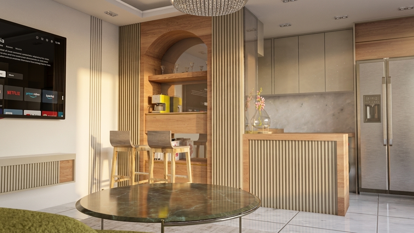 A wide-angle, crisp interior photograph capturing the serene atmosphere of a modern home during an autumn sunrise. Low-angled golden light floods the room from a side window, casting long, soft-edged shadows across the polished white marble tiled floor. The round green marble table in the foreground has a glossy finish showing faint, natural micro-scratches and catching the warm morning glow. The blonde wood cabinetry, bar stools, and slatted room dividers exhibit realistic grain, joints, and matte textures. Soft sunlight glints off the glassware on the arched shelving and glistens on the yellow coffee machine. In the background, the stainless-steel refrigerator shows subtle brushed textures and faint reflections of the warm, amber dawn light, while the kitchen cabinets and marble backsplash are bathed in soft, diffused light. The overall color temperature is warm and inviting, contrasted by a crisp autumn morning feel. The shot features a clean, professional lens-like depth of field that keeps the foreground sharp while gently softening the background, complete with delicate lens bloom, tiny airborne dust particles visible in the light rays, and a very fine, natural photo grain.