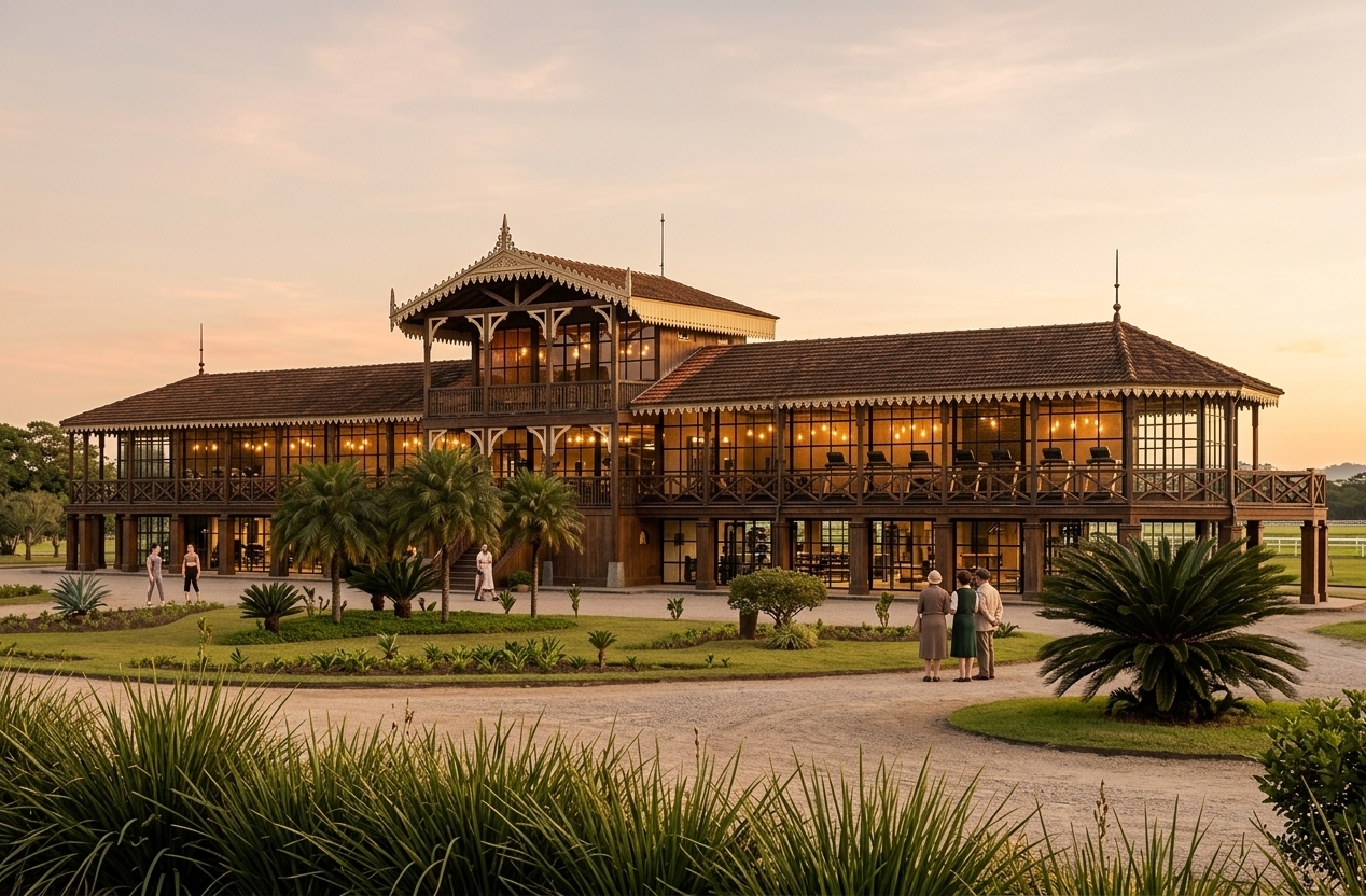 An incredibly lifelike, richly detailed, photorealistic wide-angle architectural rendering of a historic premium fitness gym housed within a preserved hipódromo pavilion (Prédio do Hipódromo) set in a vast, lush equestrian estate reminiscent of classic horse racing (corrida de cavalos) grounds. The scene is illuminated by the warm, golden-hour hues of the late afternoon sun casting long, dramatic shadows across the landscape, creating a nostalgic yet highly sophisticated and energetic atmosphere. Captured with a Hasselblad H6D-100c and a 24mm prime lens, emphasizing the rich contrast between the textured weathered dark teak wood of the historic facade, the sparkling modern expansive sheet glass, and the raw industrial steel accents. The building's majestic exterior masterfully preserves the grand, symmetrical layout of the original colonial grandstand, boasting its distinctive two-story wooden architecture with ornate, cream-colored Victorian gingerbread fretwork lining the gables and eaves. However, the open spaces between the classic wooden structural columns have been transformed with massive, double-height black steel grid window walls characteristic of a luxurious industrial loft, revealing the vibrant, state-of-the-art fitness gym inside. Through the transparent glass, warm interior light from hanging Edison-bulb pendant fixtures illuminates a sprawling open-plan training area complete with sleek black matte steel strength equipment, custom leather gymnastic benches, and polished concrete floors. The original wrap-around second-floor timber veranda acts as an elevated cardio deck and lounge, where modern wood-and-steel treadmills overlook the surrounding scenic grounds. In the foreground, manicured low-cut lawns, sculpted low fan palms, and a clean gravel path curve gracefully around the structure, hinting at the vast, historic green racecourse extending beyond the frame, seamlessly bridging heritage architecture with high-end, contemporary wellness design.