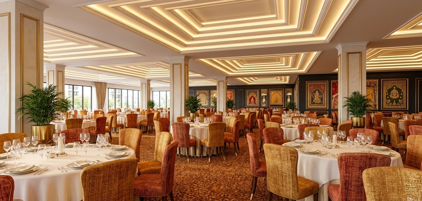 An incredibly lifelike, richly detailed, photorealistic wide-angle interior photograph of a grand luxury banquet restaurant designed with a theme of Indian exuberance, set in a high-end urban estate during spring. The scene is illuminated by brilliant midday sun filtering through large perimeter windows, beautifully mingling with a warm, golden glow radiating from complex geometric ceiling light coves to create an opulent and welcoming atmosphere. Captured with a professional medium-format camera and a 24mm tilt-shift lens, emphasizing the intricate textures of handcrafted fabrics, polished brass inlays, and carved wood.

The composition looks across an expansive, majestically proportioned hall filled with beautifully arranged round dining tables. Each table is draped in fine cream linens and set with sparkling crystal glassware, polished silver, and elegant plates that catch the rich overhead reflections. Surrounding the tables are high-backed dining chairs upholstered in rich, textured fabrics—exhibiting shades of deep saffron, terracotta reds, and shimmering golds, reminiscent of traditional Indian textiles. The chairs feature elegant hand-carved wooden legs capped with polished brass details.

Towering columns clad in light plaster and accented with vertical gold-toned moldings frame the space, guiding the eye toward the depth of the hall. The magnificent coffered ceiling features layered, nested rectangular patterns illuminated by warm-white LED strips, casting a soft, diffuse light over the entire room. Between the columns, the carpeted floor features a densely textured, patterned design in warm copper, brown, and ochre tones, grounding the space with an earthy yet refined feel.

Along the far walls, framed panels showcase vibrant, handcrafted Indian textile art with intricate gold-thread embroidery and spiritual motifs. Lush, green indoor plants in polished brass planters are placed strategically beside columns, bringing an organic freshness to the lavish, ornate interior. The overall render delivers a breathtaking sense of depth, spatial harmony, and celebratory elegance.