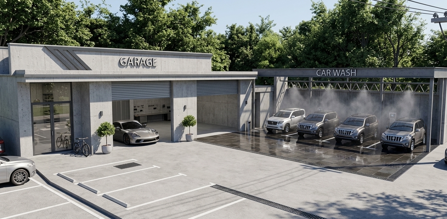 An incredibly lifelike, richly detailed, photorealistic wide-angle architectural exterior shot of a modern concrete automotive workshop and an adjacent open-air car wash bay set in a lush, sun-drenched summer landscape bordered by tall trees. The scene is illuminated by bright, direct midday summer sunlight that casts sharp, crisp shadows and highlights the raw textures of the structures, creating a clean, minimalist, and industrious atmosphere. Captured with a professional tilt-shift architectural lens, emphasizing the cold, smooth texture of raw poured concrete, the metallic grain of the roller shutter doors, and the glossy reflections on the parked vehicles, the scene presents a true minimalist workshop haven. In this clean architectural design, the garage interior is entirely continuous and open, with the central wall dividing the two bays completely removed to reveal a spacious, unified double-garage workspace housing a sleek sports car. All traces of hanging vegetation and climbing ivy have been cleared from both the main concrete garage facade and the modern steel "CAR WASH" pavilion, emphasizing a stark, ultra-minimalist aesthetic. To the right, a line of SUVs sits parked on glistening, wet dark tiles under a fine cloud of automated water mist, creating a striking contrast with the dry, light-gray concrete driveway in the foreground under the bright summer sun.