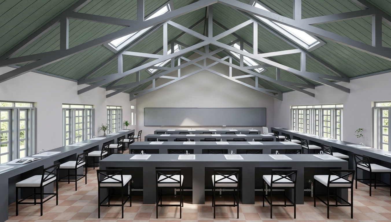 An incredibly lifelike, richly detailed, photorealistic wide-angle interior photo of a spacious educational workshop set in a serene, modern research facility during spring. The scene is illuminated by bright, diffused midday sunlight streaming through a series of geometric roof skylights and tall, multi-paned side windows, creating a calm, focused, and utterly serene atmosphere. Captured with a high-end architectural 24mm tilt-shift lens, emphasizing the grand symmetrical perspective, clean structural lines, and sophisticated textures of this minimalist haven, the space features a high vaulted ceiling anchored by an intricate network of sleek gray steel trusses offset against dusty sage-green wooden ceiling planks. Below, the uncluttered, functional room is organized into perfect rows of streamlined, dark charcoal-gray composite workbenches integrated with spotless white ceramic sinks and minimalist chrome faucets. Elegant, Zen-inspired black metal stools with plush white upholstered cushions align in flawless rows, offering a simple yet elegant seating arrangement. The far wall features a vast, sleek gray presentation surface functioning as abstract wall art, harmonizing with the room's design palette of whites, cool grays, and subtle pastel wall tones. Touches of natural warmth are introduced by a subtle terracota-and-cream checkered tiled floor, while minimal decor—such as a single open photography book resting neatly on a side counter and small, delicate indoor plants perched near the windows—adds life to the impeccably clean, clutter-free environment.