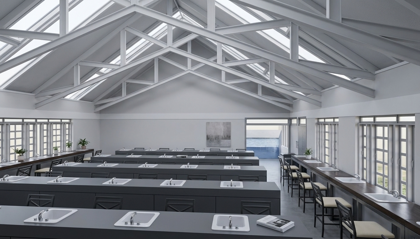 An incredibly lifelike, richly detailed, photorealistic wide-angle interior photo of a spacious educational workshop designed as a minimalist haven, set in a serene, modern industrial loft environment. The scene is illuminated by soft, diffused morning daylight pouring through the side windows and filtered through the magnificent vaulted ceiling, creating a serene, peaceful, and highly productive atmosphere. Captured with a high-end 24mm f/4 tilt-shift lens to ensure absolute architectural symmetry, emphasizing the intricate geometry of the white-painted steel roof-truss system, the matte charcoal-gray workbenches, and the crisp reflections on polished chrome fixtures. The expansive room features long, streamlined workspace islands finished in monochromatic dark gray, each containing recessed, clean-lined porcelain sinks and elegant minimalist faucets. Along the flanking walls, high-topped side benches of sleek dark wood and metal are accompanied by neat, elegant bar stools with cream-colored cushions. Clutter-free surfaces define the interior, accented only by subtle touches like small indoor plants resting on the window sills, a stylishly placed photography book, and a piece of muted abstract wall art on the far wall, perfectly complementing the elegant, modern palette of shades of white, gray, and subtle pastels.