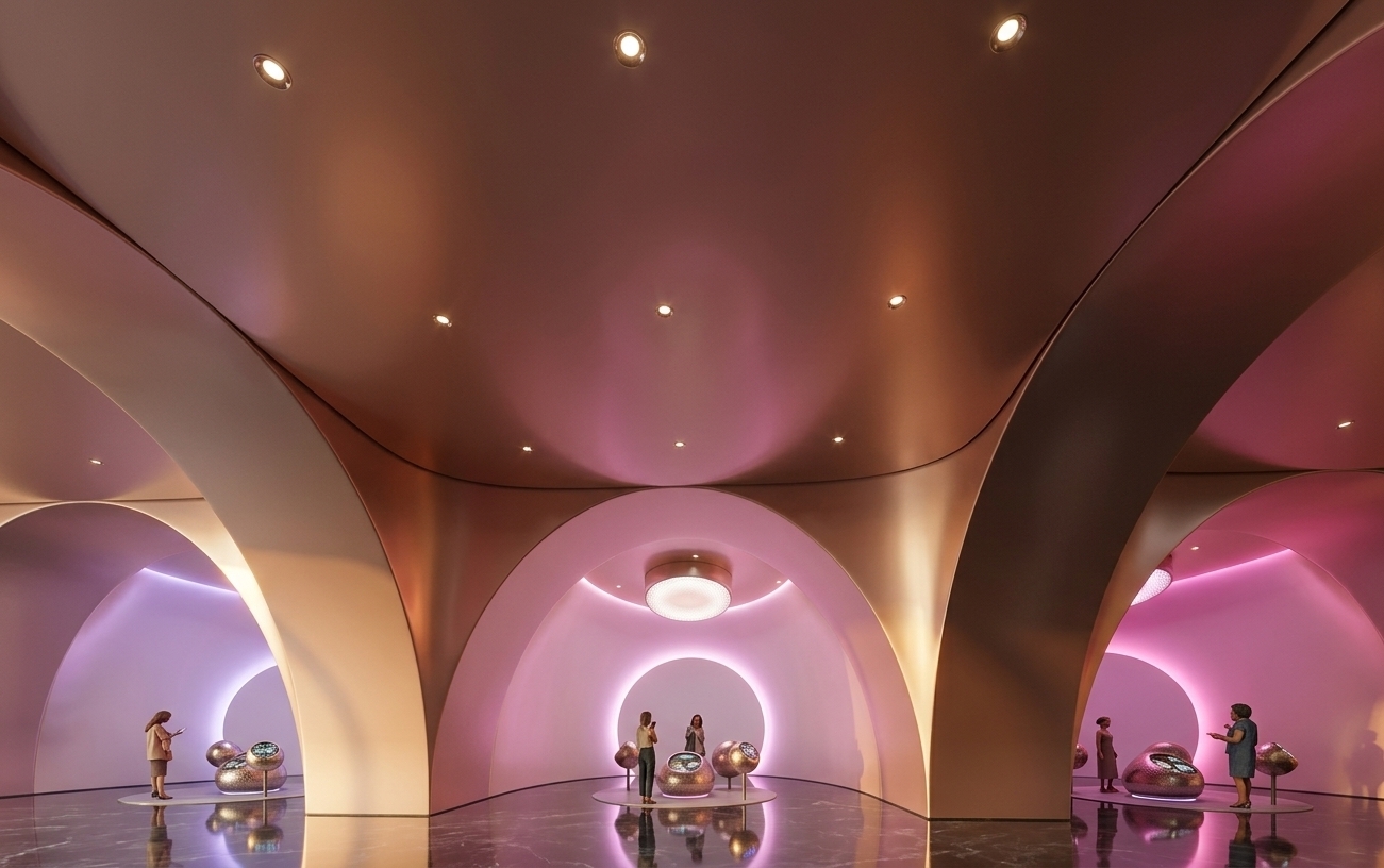 An incredibly lifelike, richly detailed, photorealistic interior photo of a futuristic parametric exhibition space set in a techno-wonderland on a warm summer evening. The scene is illuminated by the warm, golden-hour glow of a low sunset filtering in from the periphery, which blends seamlessly with soft lavender, pink, and magenta LED backlighting to create a surreal, dreamlike, and welcoming atmosphere. Captured with a professional 24mm wide-angle architectural lens, emphasizing the ultra-smooth, satin-metallic rose-gold and bronze textures of the soaring, double-curved vaulted arches, the image boasts immaculate depth and crispness. The highly polished dark marble floor acts as a dark mirror, perfectly reflecting the glowing circular portals, the dramatic overhead architectural pillars, and the subtle pinpoint spotlighting scattered across the ceiling. Within the back-lit circular niches, stylized visitor figures interact with organic, egg-shaped metallic interactive pods, casting soft, diffuse shadows that anchor them onto the reflective ground, completing a stunning synergy of high-tech design, luxurious materials, and atmospheric lighting.