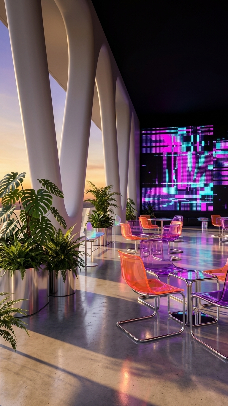 An incredibly lifelike, richly detailed, photorealistic wide-angle architectural shot of a sleek, futuristic transition space between a house interior and exterior patio set in a vibrant techno-wonderland during a warm summer evening. The scene is illuminated by the warm, dramatic golden hour rays of a setting sun casting long shadows, seamlessly blending with bright internal neon light installations, creating an immersive, playful, and surreal digital-age atmosphere. Captured with a professional medium format camera and a wide-angle lens, emphasizing the high-gloss metallic surfaces, luminescent holographic gradients, and the rich textures of indoor tropical plants.

The architecture is characterized by daring, fluid white structural columns that curve gracefully, framing a breathtaking view of the summer sky turning from amber to deep violet on the horizon. To the right, a massive, interactive glitch-art wall installation commands attention, constructed from protruding modular blocks that pulse with shifting digital patterns of hot magenta, neon cyan, and electric purple. 

Arranged across the eclectic, highly polished concrete floor—which perfectly mirrors the neon glow and the warm sunset—is an array of modular furniture. This includes ultra-modern polished chrome frames holding translucent, neon-orange and violet plastic seats that shimmer under the light. Techno-inspired holographic decor accents are peppered throughout, casting faint rainbow-colored light pools onto the surfaces. 

In striking contrast to the high-tech, digital aesthetic, lush indoor plants with glossy, deep-green leaves, including broad monstera and delicate ferns, emerge from polished metallic planters. The sharp focus of the lens captures every detail, from the micro-textures of the brushed aluminum fixtures to the soft, natural veins of the plant leaves, making this a perfect stunner for a high-end architectural photography book.