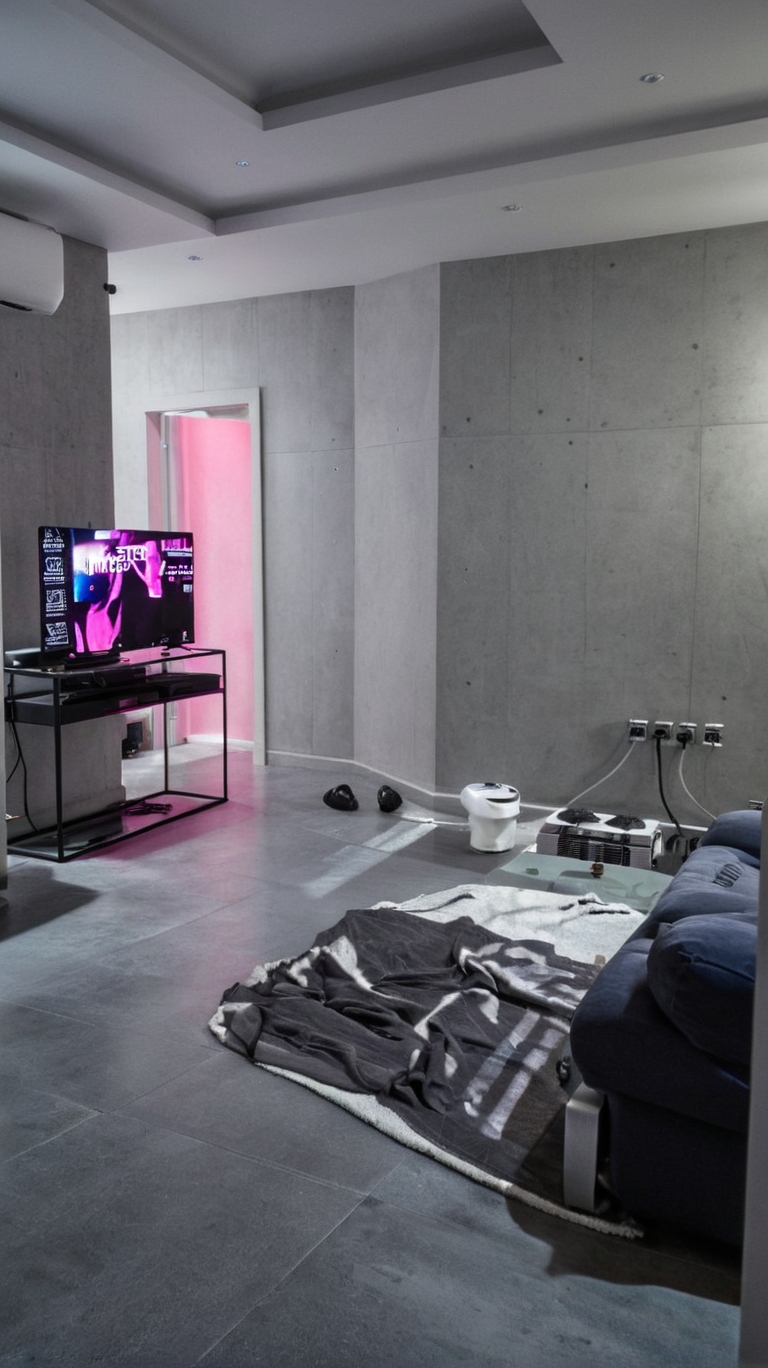 An incredibly lifelike, richly detailed, photorealistic wide-angle interior shot of a futuristic, high-tech living room set in a sleek urban penthouse apartment overlooking a rain-slicked city. The scene is illuminated by moody, low-key ambient light from glowing neon blue and magenta fixtures, contrasted by the soft, flickering glow of holographic wall art and the dark city skyline, creating a gritty yet luxurious cyberpunk atmosphere. Captured with a Hasselblad H6D-100c with a 24mm prime lens, emphasizing the matte finish of charcoal gray concrete walls, the reflective sheen of polished obsidian flooring, the intricate details of a metallic cybernetic console, and the vivid, shimmering projections of the holographic art. In this reimagined composition, the original layout is elevated into a dark, tech-infused sanctuary. On the main angled wall, a large holographic projector casts a shimmering, three-dimensional digital portrait, illuminating the room in shades of deep indigo and electric pink. The television on the left has been upgraded to a seamless, ultra-thin transparent OLED display resting on a custom-designed, industrial black steel and smoked-glass media console. In the center of the room, a heavy black-and-white photography book rests on a minimalist, brushed-aluminum coffee table. The plain floor is replaced by sleek, dark slate tiles that faintly reflect the ambient neon underlighting of the low-profile modular sofa, which is upholstered in a dark, textured gray technical fabric. To balance the gritty industrial elements, a biological touch is introduced through tall, deep-green indoor plants housed in matte-black geometric planters with integrated glowing nutrient lines. A sliding-panel carbon-fiber door with recessed red indicators replaces the standard door on the left, enhancing the high-tech bunker aesthetic and completing this sophisticated neon noir environment.