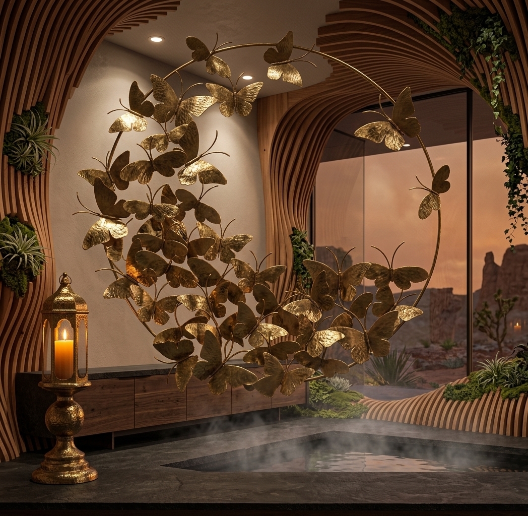 An incredibly lifelike, richly detailed, photorealistic wide-angle interior photo of a private onsen sanctuary set in a secluded desert retreat during twilight. The scene is illuminated by the warm, dusty-orange glow of the setting desert sun filtering through a massive floor-to-ceiling glass facade, blended with the flickering amber light of tall, hammered-brass floor lanterns that elevate the candle-lit motif of the original design, creating a serene, meditative, and deeply restorative atmosphere. Captured with a Hasselblad H6D-100c and a 24mm lens, emphasizing the whispers of rising steam from a sunken dark basalt stone pool, the raw grain of parametric cedar wood slats, and the delicate textures of integrated desert vegetation. Sweeping parametric timber panels curve organically along the walls and ceiling like flowing sand dunes, directly cradling pockets of living air plants, spilling ivy, and mosses that purify the air and establish a profound psychological comfort zone. Anchoring the wall above a low-slung credenza is a monumental, custom-designed metallic sculpture inspired by the original butterfly ring, reimagined here as a sprawling, flowing installation of delicate hammered-brass leaves that shimmer under soft, recessed accent lighting, seamlessly weaving the wild, tranquil beauty of the desert landscape outside with the ultimate indoor biophilic bathing experience.