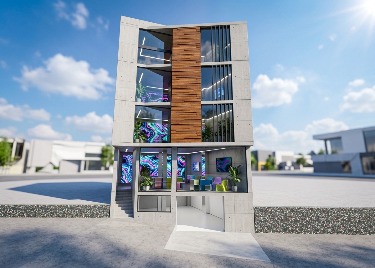 An incredibly lifelike, richly detailed, photorealistic wide-angle architectural photo of a modern four-story exhibition space set in a vibrant creative district during spring. The scene is illuminated by the intense, direct glare of midday sunlight, creating a dynamic, high-energy, and futuristic atmosphere. Captured with a professional tilt-shift lens, emphasizing the crisp vertical lines of the raw concrete exterior, the rich grain of the warm horizontal timber cladding, and the deep reflections in the expansive glass panels. Looking through the massive windows, the interior is transformed into a playful, immersive techno wonderland; glimpses of glitch art wall installations glow in bright neons and contrasting metallic hues, reflecting off modular metal and colorful plastic furniture. Sleek, techno-inspired decor and lush indoor plants peek through the glazing, contrasting with the building's stark, clean geometry. On the ground floor, a smooth concrete ramp leads down to a bright, minimalist subterranean gallery entrance, while the building is set against a stylized, multicolored aggregate rock landscape under a brilliant blue sky scattered with fluffy spring clouds, evoking the polished and surreal aesthetic of a high-end architectural photography book.