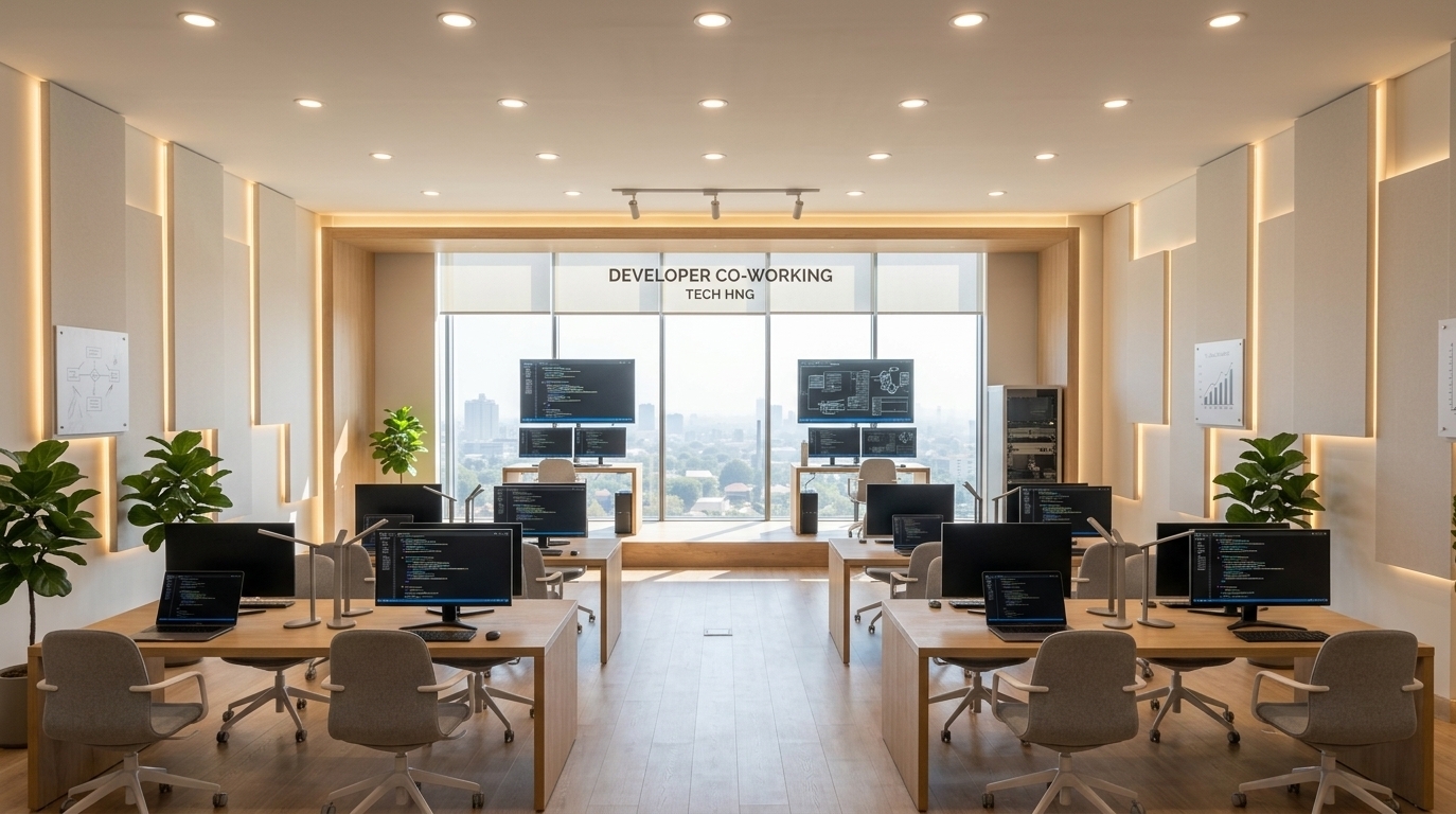 An incredibly lifelike, richly detailed, photorealistic wide-angle interior photo of a modern developer co-working space and active workshop set in an urban digital hub during a vibrant spring season. The scene is illuminated by bright, natural midday sunlight streaming through a massive floor-to-ceiling panoramic window, beautifully balanced by warm, recessed ceiling spotlights and soft, hidden LED accent lighting along the wall panels, creating a warm, professional, and tranquil "digital zen" atmosphere. Captured with a professional 24mm architectural lens, emphasizing the fine, tactile textures of the natural light-oak wooden desks, the soft gray fabric of the ergonomic desk chairs, and the matte screens of multiple workstations displaying sharp lines of code. Lush, vibrant green fiddle-leaf fig plants are positioned gracefully throughout the room, introducing a touch of nature into the clean, minimalist space. In the background, an elevated presentation stage sits against a sweeping view of a hazy, sunlit cityscape, while rows of organized, state-of-the-art dual-monitor setups and neat cable management exemplify a highly functional, elite collaborative environment designed for focus and innovation.