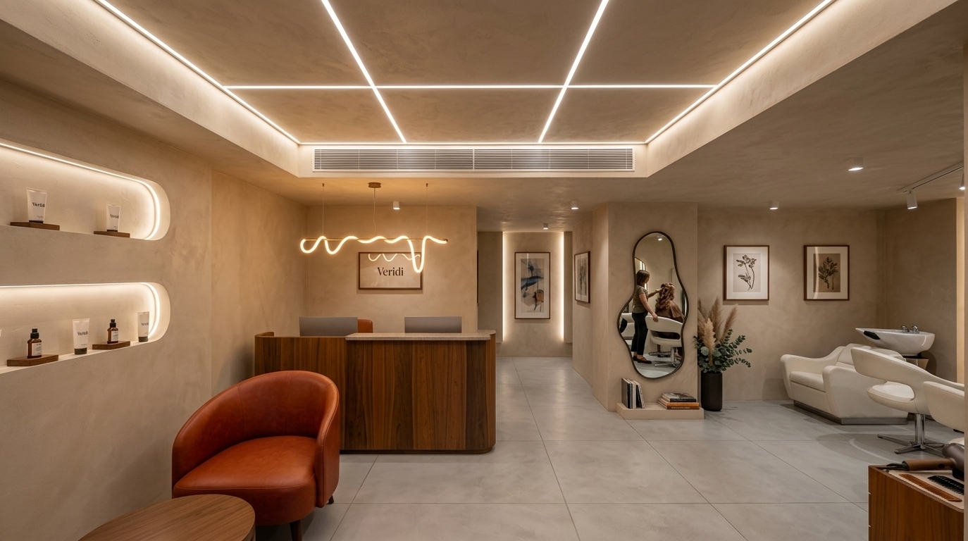 An incredibly lifelike, richly detailed, photorealistic wide-angle interior photograph of a chic, mid-century modern hair workshop and reception salon set in a sophisticated urban design district. The scene is illuminated by a grid of recessed linear LED ceiling channels and a custom serpentine neon light pendant hanging over the desk, creating a warm, tranquil, and timeless atmosphere. Captured with a Hasselblad H6D-100c and a 24mm lens, the shot emphasizes the tactile plaster of the beige walls, the smooth light gray microcement floor, and the rich grain of teak and walnut furniture accents. To the left, a curved reception counter sits behind a sculptural, mid-century armchair upholstered in a deep terracotta-orange leather. Clutter-free surfaces and organic, recessed wall niches display select beauty products as minimal decor, while an asymmetric, amoeba-shaped mirror on the central pillar reflects the functional salon area with its retro-yet-simple styling chairs. In the background corridor, abstract wall art in a palette of muted blues and warm earth tones coordinates with dried indoor plants and sleek mid-century styling books, showcasing a perfect balance between functional workstation efficiency and cozy, uncluttered luxury.