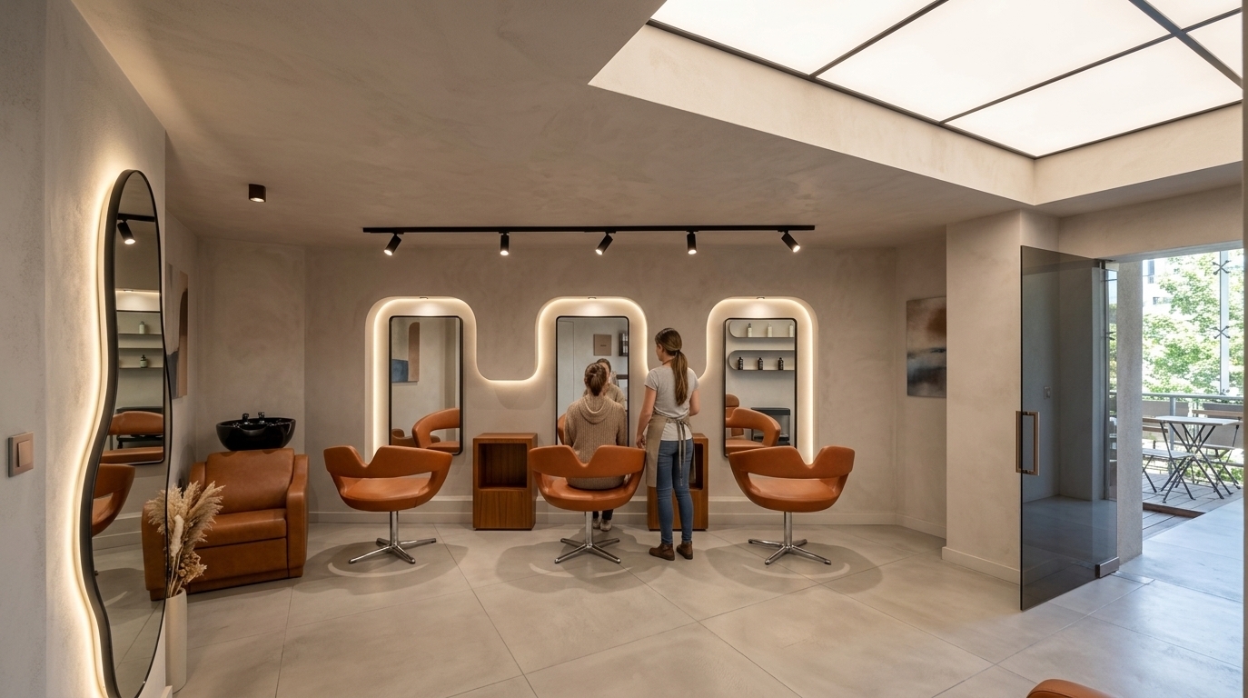 An incredibly lifelike, richly detailed, photorealistic interior photo of a mid-century modern hair salon workshop set in a sophisticated, minimalist urban boutique. The scene is illuminated by a combination of soft recessed geometric ceiling panels, focused black track spotlights, and a warm LED back-lit wavy floor-length mirror, creating a serene, comfortable, and timeless atmosphere. Captured with a professional 24mm wide-angle lens, emphasizing the matte texture of the plaster walls, the smooth finish of the light concrete floor, and the rich leather surfaces of the styling chairs. The design celebrates retro yet functional simplicity, showcasing three iconic swivel chairs in a warm, earthy orange-burnt tone that pop against the neutral palette. Curved, organic alcoves hold sleek, black-framed rectangular mirrors, reflecting clean lines and uncluttered, functional workspaces. To the left, a cozy cognac-colored leather washing nook is flanked by a sleek black basin and a minimalist vase of dried botanicals, hinting at natural indoor-plant aesthetics. Accents of warm teak and walnut finishes, combined with subtle hints of abstract wall art in shades of earth tones and muted blues, anchor the space in mid-century elegance, while a tinted smoked-glass entry door on the right invites natural daylight to dance across the pristine, clutter-free surfaces.