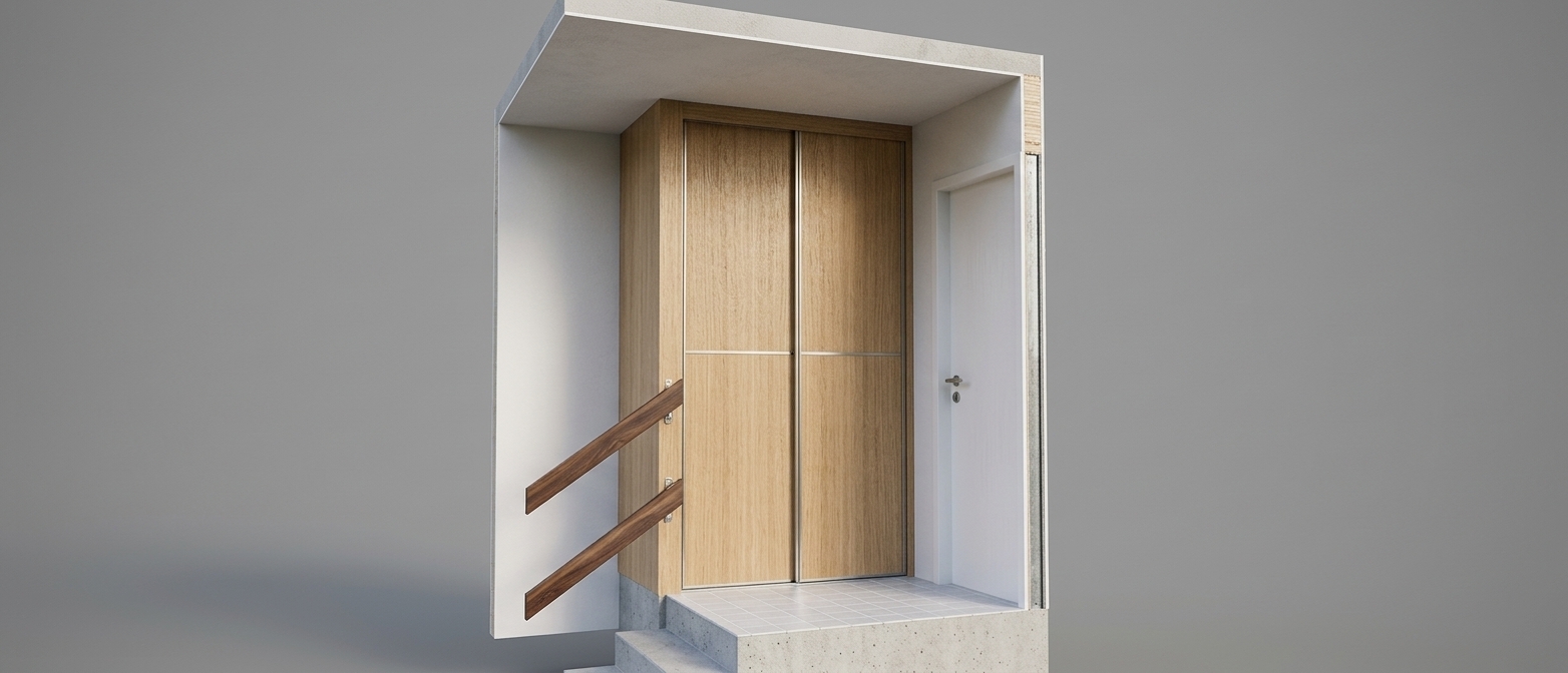 This architectural vignette is captured in a high-quality photograph during a bright spring midday, illuminated by soft, natural daylight that brings out the authentic textures of every material. The closet doors feature a warm, natural oak veneer with a visible, tactile wood grain and a subtle semi-matte finish. To the left, the diagonal wooden handrails are crafted from solid hardwood with a rich reddish-brown stain and a smooth, satin texture. The landing is tiled with small, square light-gray ceramic tiles showing realistic matte glazes and fine grimy grout lines, while the adjacent steps are made of cast concrete with light surface pitting and fine aggregate textures. The wall to the right features a clean, white-painted door with a simple, brushed metal modern handle that catches soft highlights. The surrounding walls and ceiling overhang are finished in a smooth, off-white plaster with delicate micro-textures and soft shadows in the corners, maintaining the clean, minimalist composition against a neutral, light-gray studio background in a perfectly crisp, high-fidelity architectural shot.