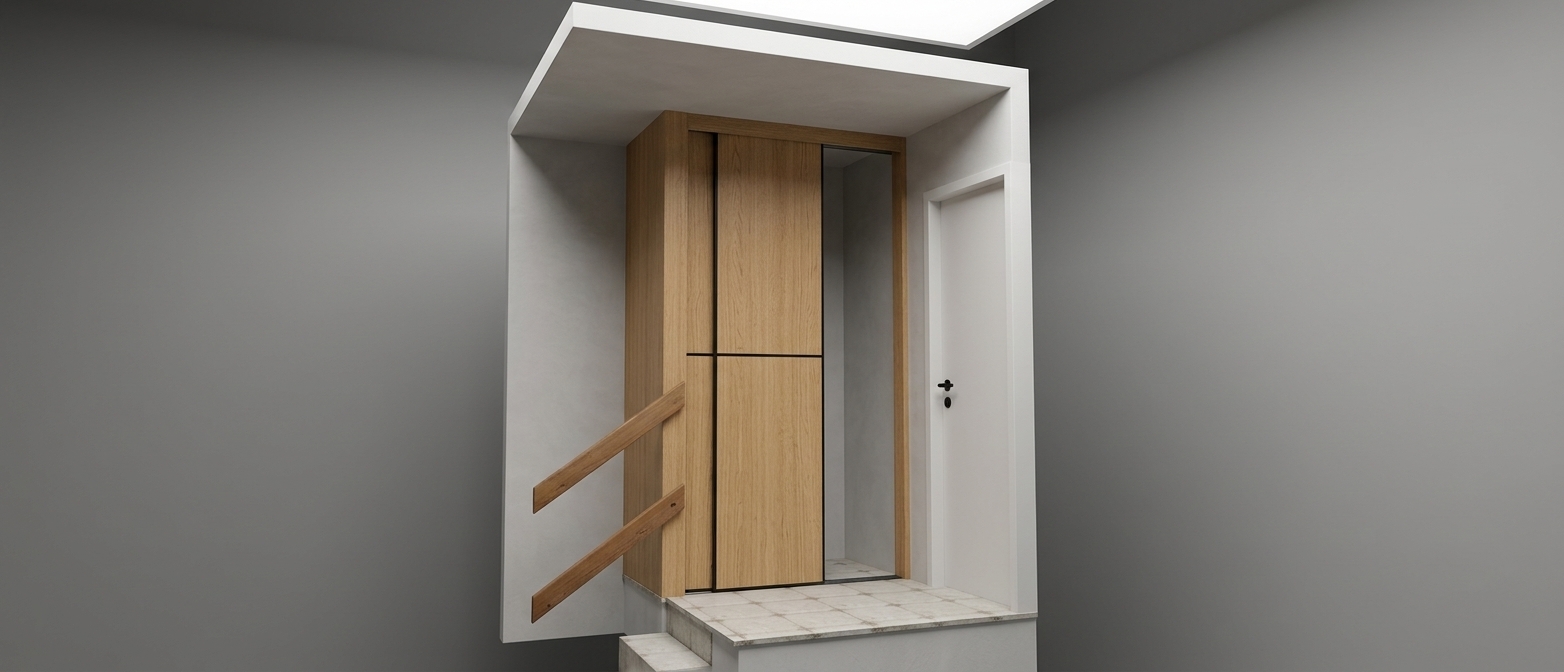 A crisp architectural photograph of a modern minimalist entryway taken on a bright spring midday, capturing the exact structure and composition with stunning photorealistic detail. The sliding door features a natural light oak wood veneer with a realistic matte finish and a visible fine grain, framed by a slim black metal track. The diagonal handrails on the left are crafted from rich, solid wood with organic textures and a soft sheen. The raised entryway platform is paved with semi-matte patterned ceramic tiles that subtly reflect the high-angle, warm spring sunlight streaming into the scene, showing faint grout lines. The neighboring door is finished in smooth, satin-white paint with a minimalist black handle, set against clean, realistic plaster walls. The shot is captured with a high-performance architectural lens, maintaining perfect vertical alignments, with gentle contrast, realistic micro-shadows in the crevices, and a clean, high-dynamic-range presentation that highlights the tactile quality of every material under the clear daylight.