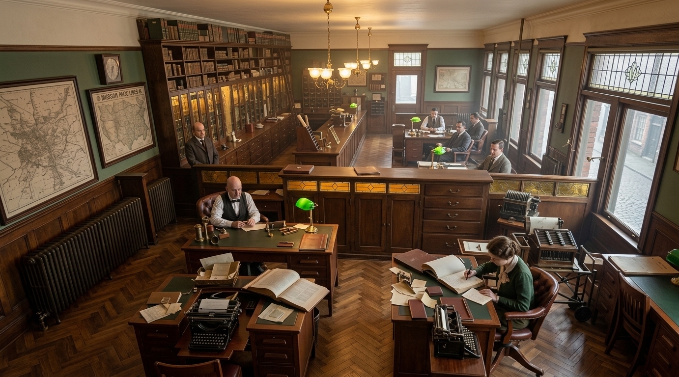 An incredibly lifelike, richly detailed, photorealistic wide-angle interior shot of a reimagined, luxurious Victorian-era coworking space set in an elegantly restored historic office building. The scene is illuminated by warm, ambient morning light streaming through tall, arched sash windows, balanced by the soft, golden glow of brass Bankers lamps and overhead gas-style chandeliers, creating a quiet, sophisticated, and intellectually stimulating atmosphere. Captured with a 35mm lens, emphasizing the deep grains of the polished oak panels, the rich patina of tufted leather upholstery, and the reflecting surfaces of leaded glass partitions, this reimagined layout elevates the functional, historic office into a masterpiece of Victorian elegance. The room's architecture is anchored by gorgeous three-quarter-height oak-paneled walls that wrap around the perimeter, topped with a smooth, hand-plastered cream frieze and ornate crown molding. Down the center of the room, a magnificent dark oak partition with integrated amber-tinted leaded glass panels divides the space into semi-private work zones, maintaining an open feel while offering spatial structure. Multiple bespoke writing desks crafted from solid mahogany and oak are arranged symmetrically on a pristine chevron parquet floor, each paired with an ergonomic, button-tufted leather swivel chair that perfectly respects human proportion and modern comfort. Seamlessly integrated within the antique woodwork are subtle, flush-mounted brass power hubs and wire tracks, catering to modern technology without disrupting the historic aesthetic. On the desks, instead of cluttered papers, sit neatly arranged leather-bound blotters, brass storage trays, and elegant fountain pens. Framed vintage maps and architectural blueprints hang in dark wood frames on the walls, harmonizing with the warm, rich color palette of forest greens, deep burgundies, and polished wood tones. Through the tall windows, a soft-focus view of a misty, historic cobblestone streetscape provides a beautiful external contrast to the cozy, rich, and highly textured interior energy of the space.