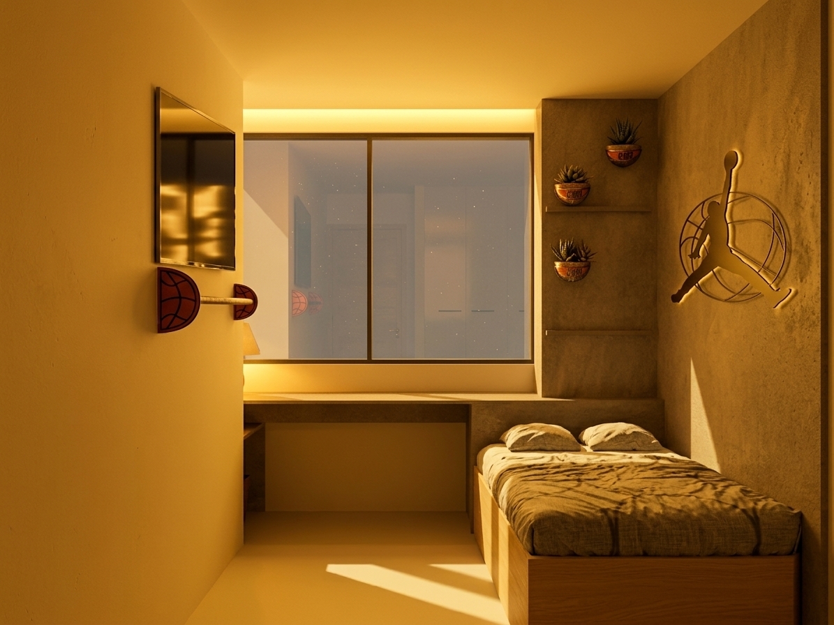 A beautifully photographed modern boy's bedroom with a basketball theme, captured from a straight-on perspective that preserves the exact layout, geometry, and composition of the space. The entire room is bathed in cozy, warm yellow lighting that casts soft gradients across the surfaces. On the right, the textured beige-swathed wall features the Jumpman decorative metal silhouette elegantly illuminated with a gentle, warm backlight that makes it pop against the plaster. The single bed in the foreground is dressed in soft, realistic cotton bedding with natural folds, wrinkles, and a subtle pattern. On the left, the dark glass of the TV screen, positioned above the unique basketball-themed shelf, catches faint, natural reflections of the warm interior light. Natural, soft golden light filters through the large window at the back, casting long, gentle shadows across the smooth desk and the light floor. Every surface, from the matte walls to the metallic fixtures, is rendered with lifelike micro-textures, subtle imperfections, and realistic depth of field, captured through a professional architectural lens with a warm color temperature and faint film grain.