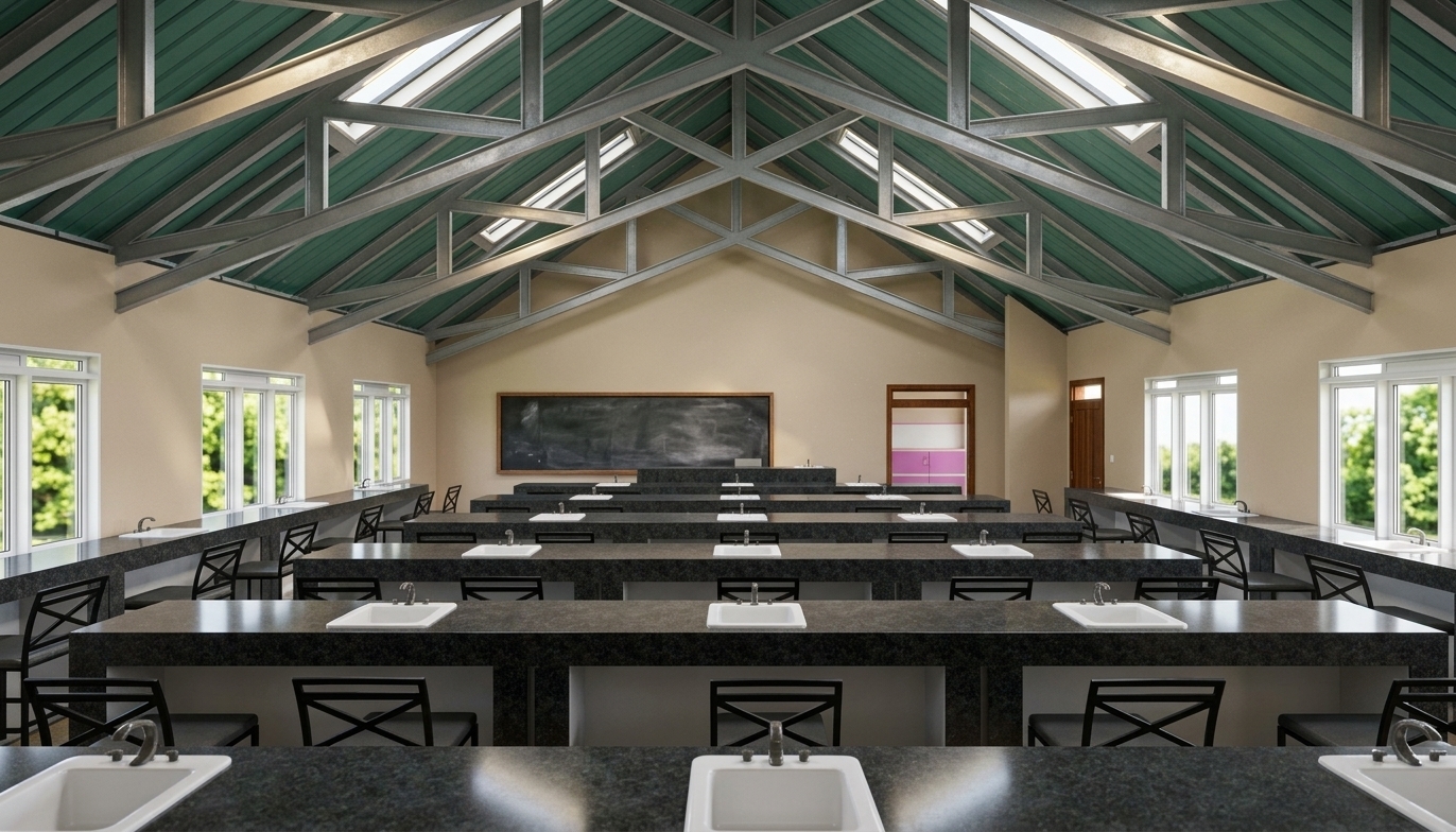 A beautifully shot interior photograph of a spacious school science laboratory on a bright spring midday, captured with a professional wide-angle lens that preserves the exact symmetry of the room. Crisp, natural daylight streams in from the overhead skylights and side windows, casting soft shadows and highlighting the structural light-grey painted steel trusses against the ribbed green ceiling panels. The dark granite countertops on the lab benches have a realistic polished texture with subtle surface smudges and soft, scattered reflections from the bright sky. The inset ceramic sinks are a clean matte white, paired with brushed chrome faucets that glint in the midday light. Black powder-coated metal chairs with off-white fabric cushions are arranged along the aisles, exhibiting natural, slight misalignments of real-world use. The beige plaster walls have a subtle, non-uniform matte finish, while the windows reveal hints of vibrant spring greenery outside. The atmosphere is clean and airy, characterized by gentle lens blooming near the brightest window panes, a soft falloff of light in the corners, and a faint, natural photographic grain.