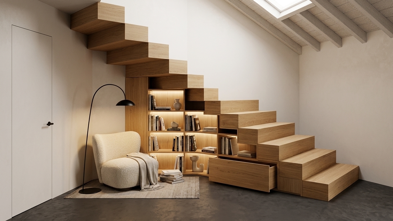 An incredibly lifelike, richly detailed, photorealistic wide-angle interior photograph of a cozy, sophisticated reading nook integrated beneath a minimalist architectural staircase set in a serene attic loft designed as a minimalist haven. The scene is illuminated by soft, diffused natural light pouring from an unseen skylight, paired with the warm, golden glow of a slim reading lamp and subtle LED strip lights tucked within custom shelving, creating a tranquil and intellectually inviting atmosphere. Captured with a high-end 35mm lens, emphasizing the tactile contrast between smooth off-white plaster walls, natural light oak wood joinery, and a rich, textured bouclé upholstery on a modern armchair.

The architectural centerpiece is the stunning L-shaped staircase, reimagined here with floating, solid-block oak steps that rise elegantly against a pristine white wall. The structural void underneath the stairs has been masterfully transformed into a hyper-functional, bespoke storage system. Fitted perfectly to the slope of the steps are custom-built open oak niches, backlit with soft LED strips to showcase a curated collection of hardcovers and minimalist ceramic art pieces. At the very bottom, in the lowest section of the under-stair space, is a seamless, oversized push-to-open drawer ("gavetão") with clean, handleless lines that blend flush with the surrounding cabinetry.

Nestled directly beside this intellectual corner is an inviting reading area. It features a modern, organically shaped armchair in a warm cream-colored bouclé fabric, paired with a sleek, matte black arching floor lamp. The dark, charcoal-grey microcement floor offers a grounding contrast to the light wood and white plaster walls, reflecting subtle highlights from the ambient lighting. To the left, a minimalist, floor-to-ceiling flush door with matte black hardware completes the clean, contemporary aesthetic of this peaceful attic sanctuary.