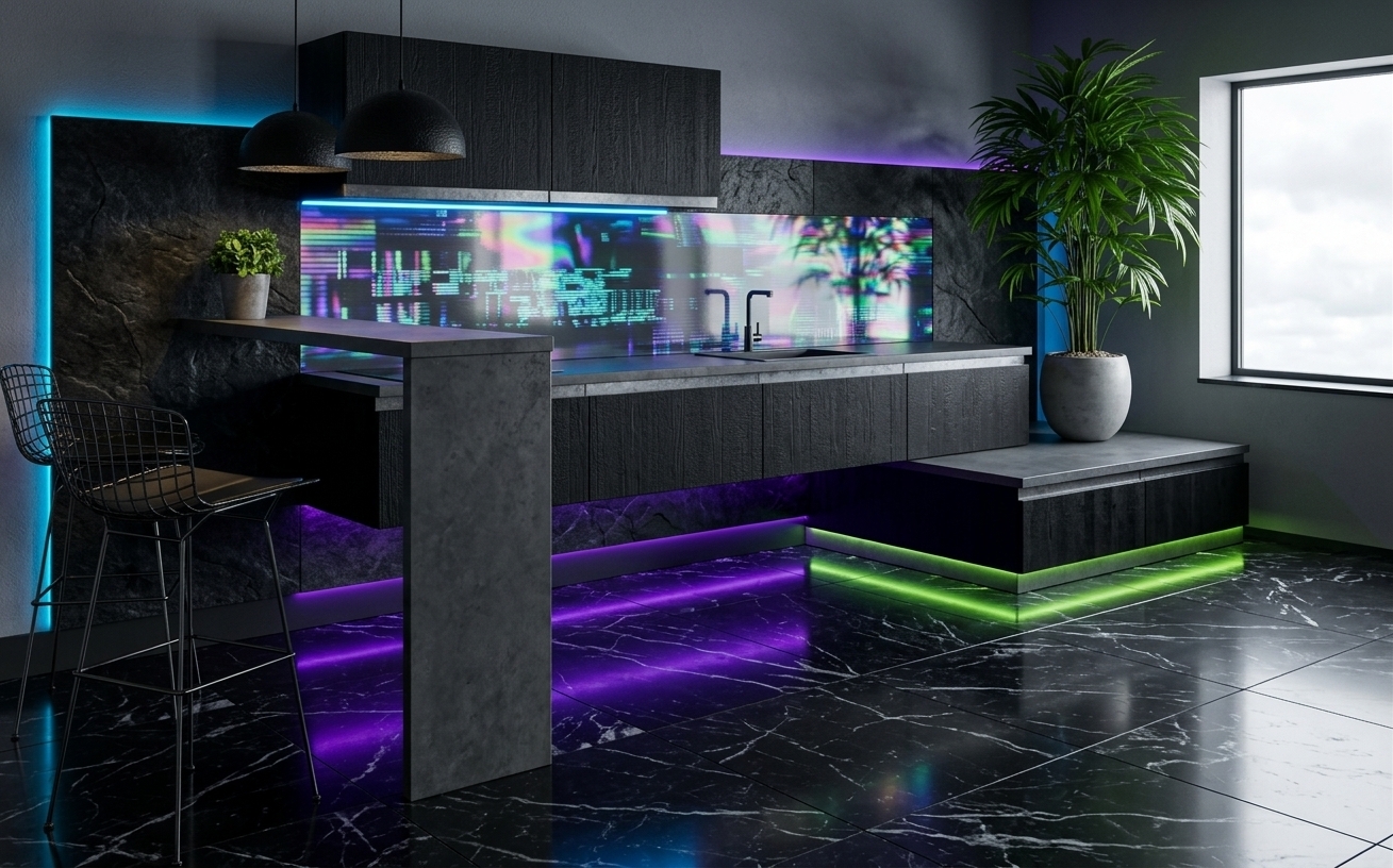 An incredibly lifelike, richly detailed, photorealistic interior photo of a cyber eclectic fusion kitchen set in a sleek urban loft. The scene is illuminated by a dynamic combination of overcast daylight filtering through a large side window and vibrant, custom LED strip lighting in shades of neon blue, deep purple, and acidic green that trace the under-cabinets and floor plinths, creating a moody, high-contrast, and futuristic atmosphere. Captured with a professional 35mm lens, emphasizing the tactile, mixed-media surfaces ranging from the dark, heavily-veined nero marquina marble flooring to the textured black-charred wood cabinetry and industrial steel accents. A high stone-wrapped breakfast bar anchorsthe left side of the frame, paired with two delicate, black wire-frame bar stools that reflect the neon glow. In place of standard backsplashes, a shifting, glitched holographic wall art panel is embedded into the dark stone wall, projecting abstract digital patterns. To the right, a lush, vibrant green indoor palm plant sits in a minimalist concrete pot on a low, multi-tiered platform, injecting life and a diverse, layered grunge aesthetic into this tech-inspired, cyberpunk-style culinary space.