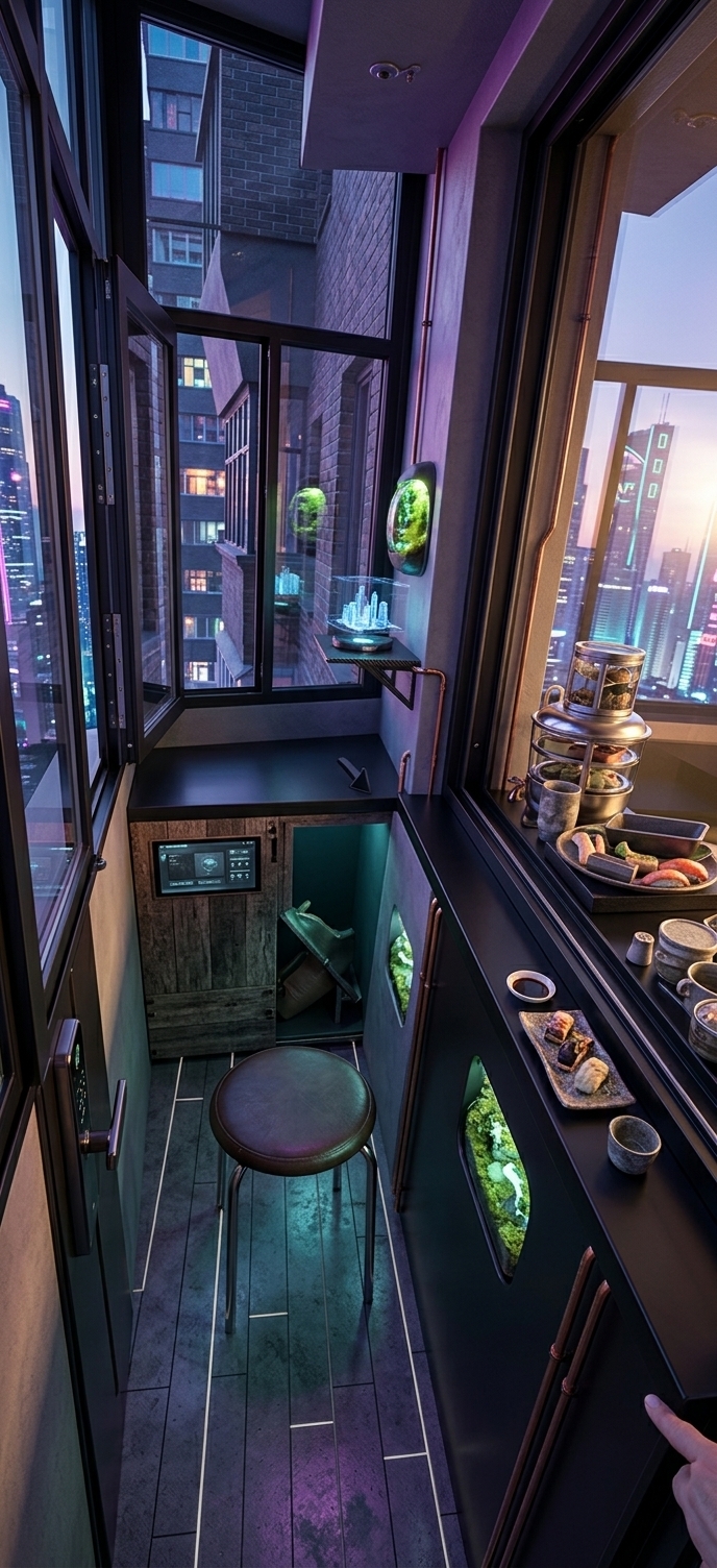 An incredibly lifelike, richly detailed, photorealistic wide-angle interior photo of a reimagined attic balcony lounge set in a high-tech urban apartment. The scene is illuminated by a mix of neon cybernetic purple and cyan ambient light contrasting with soft, warm golden hour sunbeams, creating an atmospheric, moody, and futuristic atmosphere. Captured with a 24mm wide-angle lens, emphasizing the smooth satin sheen of materials, the crisp reflections in the glass, and the vibrant neon color transitions, the space features premium matte-black plastic sliding windows that glide smoothly to the side on hidden tracks, completely replacing the old weathered frames and framing a stunning panoramic view of a distant, soaring neon skyline. This compact cyber-eclectic sanctuary leverages its cozy attic-like architecture with sloped ceiling details, transforming the narrow layout into a sleek workstation and relaxation nook. The worn wooden flooring is upgraded to polished charcoal-grey concrete inlaid with subtle, glowing LED fiber-optic lines. In place of the old stool, a low-profile, ergonomic lounge chair upholstered in metallic silver tech-mesh and dark leather rests against the wall, accented by a small hologram projector on a floating carbon-fiber shelf. Soft, bio-luminescent moss-filled wall terrariums provide a touch of organic warmth, juxtaposed against exposed copper conduits and a minimalist, built-in black storage console, creating a perfectly balanced, functional, and visually striking high-tech retreat.