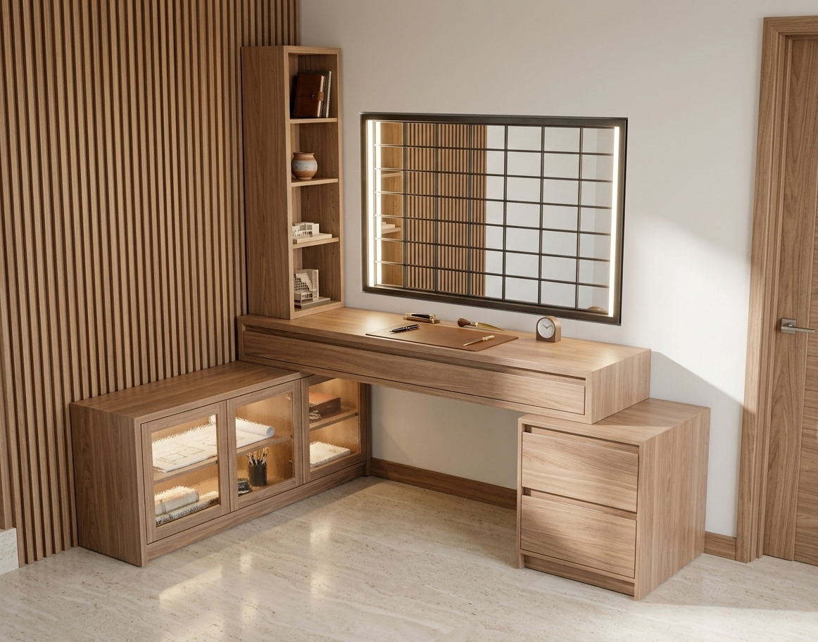 An incredibly lifelike, richly detailed, photorealistic medium-angle interior photo of a sophisticated modern fusion office desk setup set in a tranquil residential study during a bright, midday spring. The scene is illuminated by soft, directional natural daylight pouring from the right, casting natural, gentle shadows across the space, creating a serene and highly productive atmosphere. Captured with a high-end 35mm lens, emphasizing the rich, tactile textures of light walnut wood and the pristine, polished surfaces of the built-in furniture, the entire custom workstation—comprising the floating desk pier, the tall overhead open-shelf column, the right-side double drawer cabinet, and a newly installed matching door within the doorway on the right—is crafted from exquisite, warm-toned light walnut wood with a flawless matte finish. On the left, the wall is fully clad in elegant vertical light walnut wood louvers, providing a rich, textured backdrop for the low cabinet extending underneath the desk, which features sleek, frameless doors with seamlessly integrated hidden handles. Recessed flush into the central wall frame is a crystal-clear, highly reflective mirror, brilliantly illuminated solely by two integrated vertical linear light strips glowing along its left and right inner edges. The absence of any backlight focuses the soft, clean illumination directly onto the desk's smooth surface below, perfectly balancing the bright spring sunlight that accentuates the organic grains, subtle wood joints, and impeccable craftsmanship of this architectural workspace.