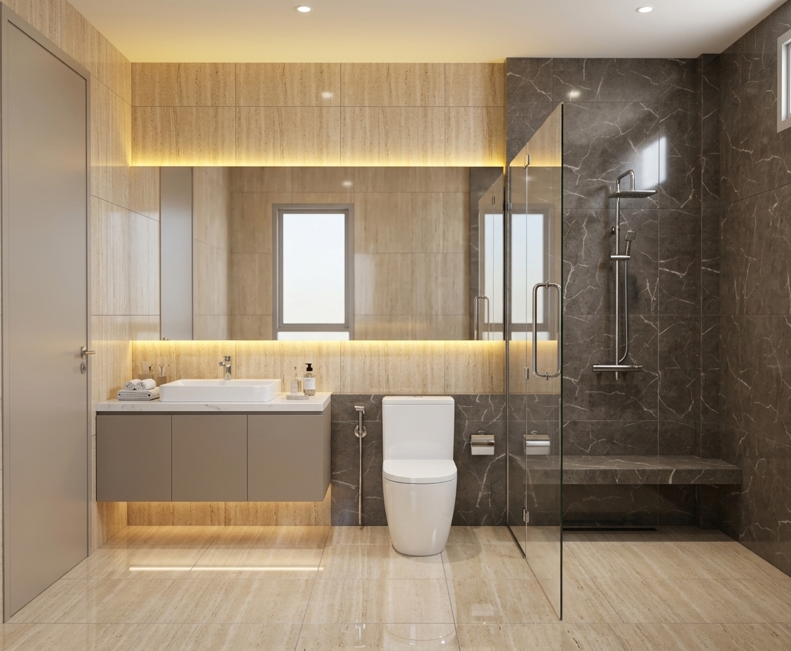 An incredibly lifelike, richly detailed, photorealistic wide-angle interior shot of a contemporary hotel bathroom set in a luxurious coastal retreat during the spring. The scene is illuminated by bright, clear midday light reflecting off polished surfaces, which blends seamlessly with the warm, iconic yellow LED backlighting glowing from behind the large horizontal mirror and soft spots of recessed ceiling lights, creating a serene, airy, and revitalizing atmosphere. Captured with a professional 24mm lens, the rendering emphasizes the rich, organic textures of the sandy-beige travertine tiles with their fine vertical graining, perfectly contrasted by the deep grey-brown marble tiles featuring delicate white veining that clad the shower enclosure and lower wet wall. To the left, a sleek, wall-hung taupe vanity supports a crisp white ceramic vessel sink with a minimalist chrome faucet, while a modern, one-piece white toilet sits perfectly centered. On the right, a clear glass shower panel with a sturdy chrome handle partition offers a glimpse of the luxurious rainfall shower system and a built-in dark marble bench, all shimmering under highly realistic reflections. Large beige floor tiles stretch across the room, anchoring the layout and enhancing the spacious, clean aesthetic, making the air feel light and filled with a fresh, spring-like coastal breeze.