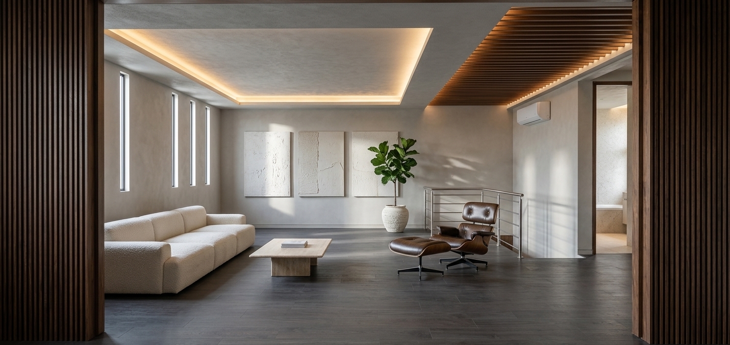 An Architectural Digest-style editorial photograph of a luxury minimalist penthouse living room, shot with a professional tilt-shift lens to maintain perfectly straight vertical lines from the exact camera perspective, framed by dark walnut vertical slat partitions in the immediate foreground on the left and right. Soft, cool natural daylight streams through the three vertical slit windows on the left wall, casting gentle, elongated shadows across the existing light gray wood-plank flooring, while warm, indirect recessed LED strip lighting glows from the ceiling tray and the rich walnut-slated ceiling section on the right. The main back wall is finished in a seamless, matte warm-greige microcement with a subtle plaster texture, hosting a flush-mounted 100-inch television above a floating natural walnut veneer cabinet with crisp shadow-gap detailing. The remaining walls are coated in a premium, chalky mineral limewash with soft organic movement. The space is curated with a low-profile modular sofa in textured ivory bouclé fabric, a substantial pitted travertine stone coffee table, minimalist raw black metal side tables, and a single iconic designer lounge chair. Near the steel staircase railing, a large KAWS Companion sculpture stands on a custom white pedestal under a dedicated museum-style spotlight. An oversized, glossy-leafed Ficus Lyrata tree in a textured stoneware pot adds an elegant touch of green. The overall image displays the exquisite clarity of a medium-format camera, blending realistic global illumination, soft physical reflections on the dark television screen, natural depth of field, and a delicate hint of film grain.