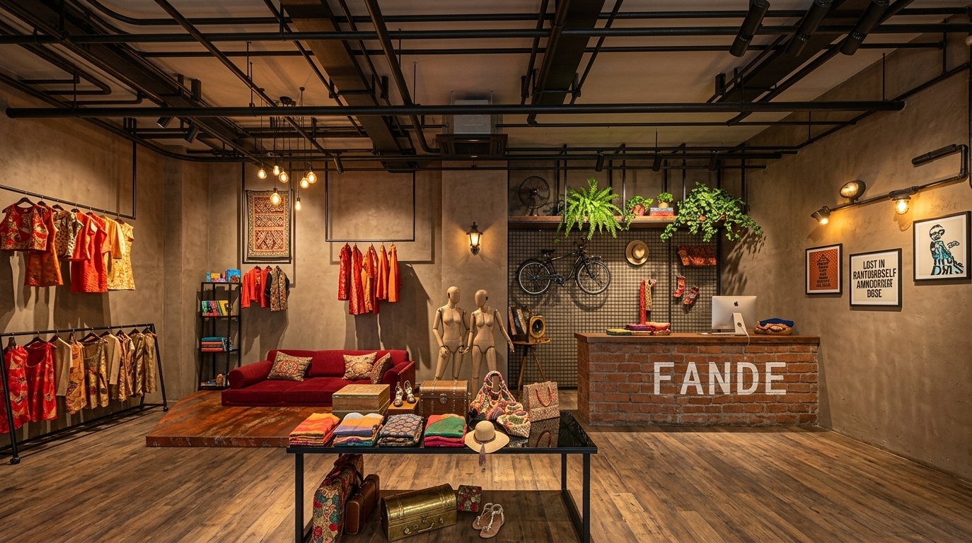 An incredibly lifelike, richly detailed, photorealistic wide-angle interior photo of a boutique clothing store set in an ambient urban sanctuary. The scene is illuminated by warm, dramatic accent lights and soft midday sunbeams, creating a vibrant, spiritual, and opulent atmosphere. Captured with a 24mm tilt-shift lens, emphasizing the rough, tactile qualities of the textured clay-like walls, the richness of patterned fabrics, and the glossy finish of handcrafted wooden furniture, the composition highlights a wonderful mix of industrial architecture and Indian exuberance. The design showcases an exquisite array of garments in brilliant shades of rich reds, oranges, and golds hanging from black metal racks. To the left, a plush, deep red daybed sofa rests on a distressed, rust-toned platform, adorned with intricate, Indian-inspired throw pillows, while a nearby display shelf showcases colorful photography books and handcrafted artifacts. Intricate Indian textile wall art and framed graphics embellish the raw, textured walls, contrasting with the detailed network of black pipes tracing across the ceiling. Two stylized mannequins stand near a rustic, custom-built brick checkout counter that proudly displays the bold white "FANDE" lettering, flanked by flourishing indoor green plants spilling from high metal grates. Under a warm spotlight in the foreground, a black glass-top display table is meticulously arranged with folded colorful textiles, a floppy sun hat, ornate patterned bags, and polished brass and carved wooden chests, completing an exquisitely styled retail experience.