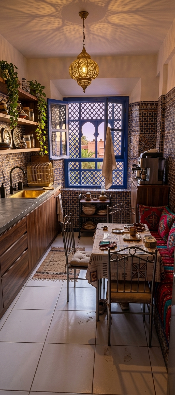 An incredibly lifelike, richly detailed, photorealistic wide-angle interior photo of an exotic, redesigned Moroccan-style kitchen set in a historic apartment overlooking a sun-drenched courtyard. The scene is illuminated by the warm, golden-hour sunlight filtering through a traditional cobalt-blue mashrabiya window, complemented by the intimate glow of ornate, hand-carved brass pendant lanterns that cast dancing geometric shadows across the room, creating a cozy, sensual, and mystical atmosphere. Captured with a 24mm f/2.8 lens, emphasizing the intricate, glossy textures of hand-laid zellige tiles in deep sapphire, terracotta, and gold, alongside the rich grain of dark cedarwood cabinetry. The narrow layout is transformed into a harmonious haven, featuring a custom-built L-shaped dining banquette upholstered in plush, vibrant crimson-and-teal woven textiles with elaborate Moroccan embroidery, wrapping around an octagonal table of dark-stained wood inlaid with delicate mother-of-pearl. Along the left wall, sleek, modern, dark wood cabinets are topped with a seamless, textured dark-gray concrete countertop, accented by a hammered brass undermount sink and sophisticated matte black fixtures. Beautifully arranged open walnut-wood shelves hold geometric ceramic pottery, hand-painted plates, and elegant glass jars, interspersed with cascading green ivy and trailing pothos plants that soften the hard tiled surfaces. Through the opened lattice of the arched window, a vivid view of lush palms and distant clay-colored rooftops under a soft violet sunset sky grounds the room in its evocative, Middle Eastern setting, offering a space that is as functionally advanced as it is culturally rich and visually captivating.