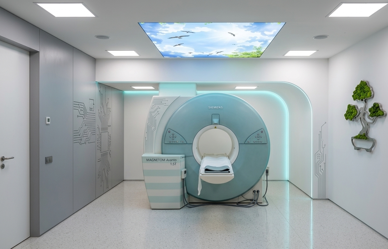 An incredibly lifelike, richly detailed, photorealistic wide-angle interior photo of a futuristic medical diagnostics workshop set in a high-tech digital zen clinic. The scene is illuminated by crisp, recessed neutral-white LED panels and the vibrant, luminous glow of a large digital landscape wall panel on the ceiling displaying a bright sky with soaring birds, creating a tranquil yet innovative atmosphere. Captured with a professional 24mm tilt-shift lens, emphasizing the smooth, uncluttered textures, sterile surfaces, and clean architectural lines of the space. This minimalist room, designed with a blend of cyberpunk and Zen-inspired decor, is rendered in cool grays and pristine whites with subtle neon accents tracing the contours of the walls. At the room's center stands a streamlined, high-tech Siemens MAGNETOM Avanto 1.5T MRI machine with a soft teal-and-white finish, cradled within a fluid, curved white architectural alcove. The floor is a polished light terrazzo that softly reflects the overhead lighting, creating a sense of depth and cleanliness. Complete with a flush-to-wall white door featuring minimalist metallic hardware, the entire space embodies a smart, innovative workspace that balances cutting-edge science with calming, clutter-free aesthetics fit for a premium architectural photography book.