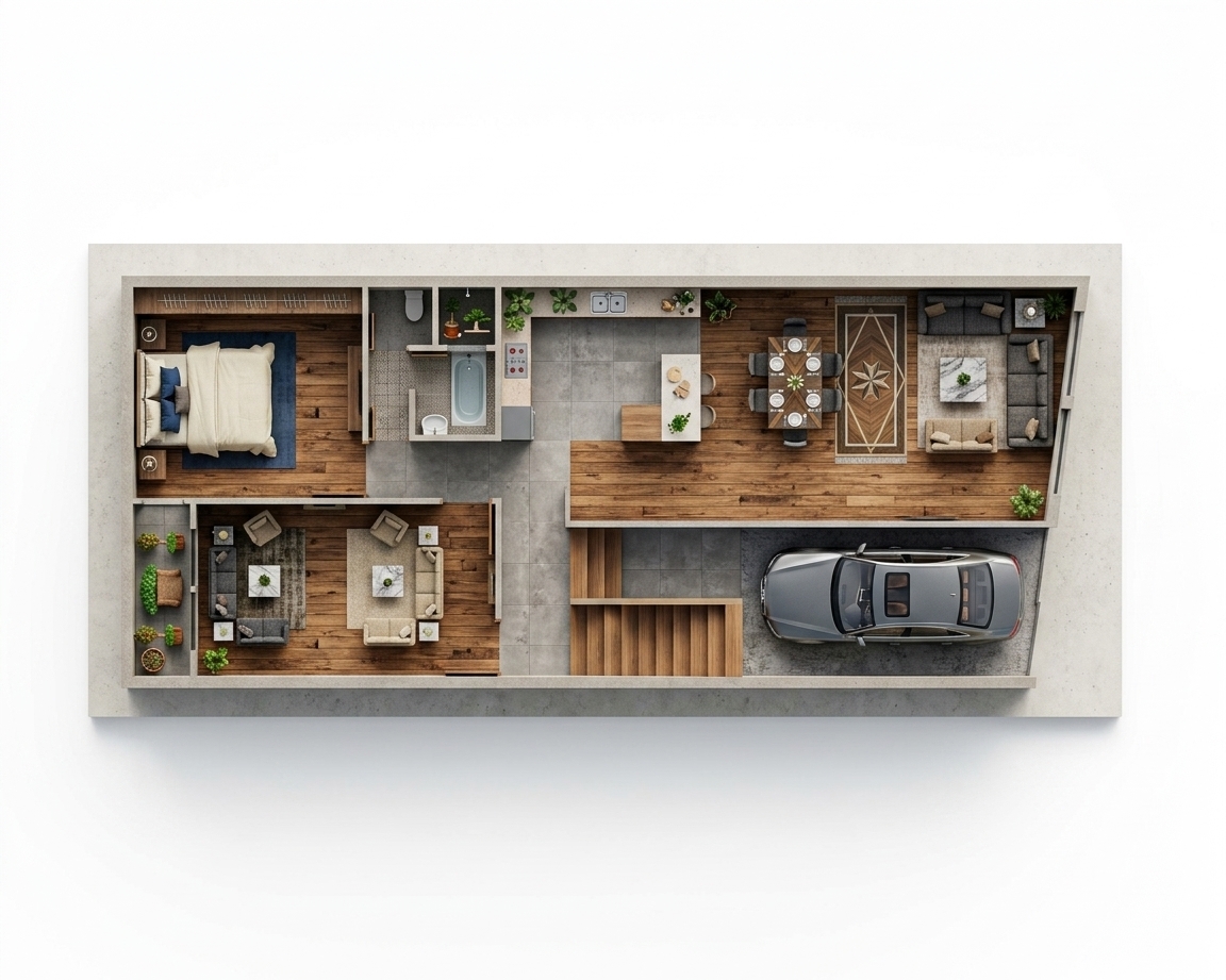 A high-end 3D architectural floor plan photographed from a clean, direct top-down orthographic perspective under the crisp, clear light of a midday autumn sun. The thick walls are rendered in a sleek, matte white plaster, casting realistic soft shadows that ground each room. The floor finishes transition realistically between rooms, featuring rich golden oak hardwood with organic grain patterns in the living areas and bedroom, polished white marble with delicate gray veins in the dining area, and a clean, light gray epoxy finish in the garage. In the bedroom, a bed with soft, slightly wrinkled cream-colored linens is complemented by neutral wood wardrobe units, while the living space features plush beige fabric sofas arranged around minimalist wooden coffee tables over textured wool area rugs. A modern sedan with a glossy metallic gray finish sits in the garage next to a meticulously crafted wooden staircase. Warm, angled midday autumn light filters through the virtual window openings, casting delicate reflections off the polished metal fixtures in the kitchen and bathroom, and highlighting the fine fabric weaves, lifelike indoor plant foliage, and realistic materials of this beautifully realized architectural model photograph.