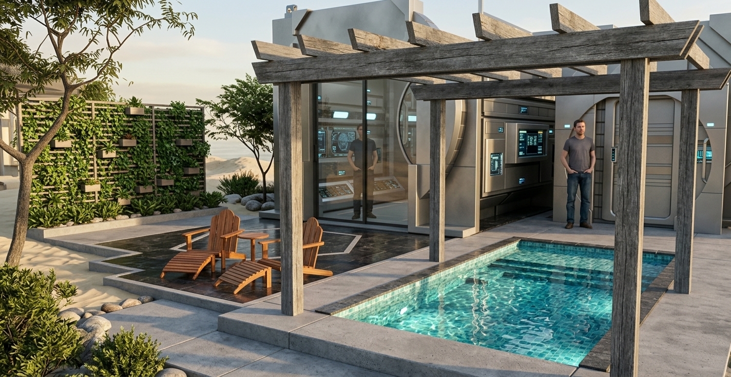 An incredibly lifelike, richly detailed, photorealistic wide-angle architectural photo of a futuristic space house villa set in a serene coastal beach environment. The scene is illuminated by the warm, golden light of a late afternoon sun casting long, soft shadows, creating a tranquil yet sophisticated "techno wonderland" atmosphere. Captured with a professional 24mm tilt-shift lens, emphasizing the weathered grain of the grey timber pergola, the sleek matte-metallic texture of the space-age modular pods, and the shimmering, crystal-clear turquoise water of the swimming pool, the composition masterfully blends high-tech design with natural beauty. In the foreground, the inviting outdoor sitting area features two rich, natural wood Adirondack chairs with matching leg rests, positioned elegantly on a dark, polished stone-tile patio. Beside them, the sunken swimming pool glistens beneath the shadow-play of the overhead wooden pergola, its steps leading into the inviting water. The main building consists of modular, industrial-chic habitat pods with pressurized rounded doors, integrated glowing interface panels, and large floor-to-ceiling glass doors that look into a high-tech control room interior. Surrounding the deck, a manicured vertical garden screen with lush green climbing ivy offers privacy, complemented by realistic coastal trees, hardy beach shrubs, and smooth river stones nestling against a clean concrete walkway that connects the modern terrace directly to the soft, sandy drifts of the nearby shoreline.