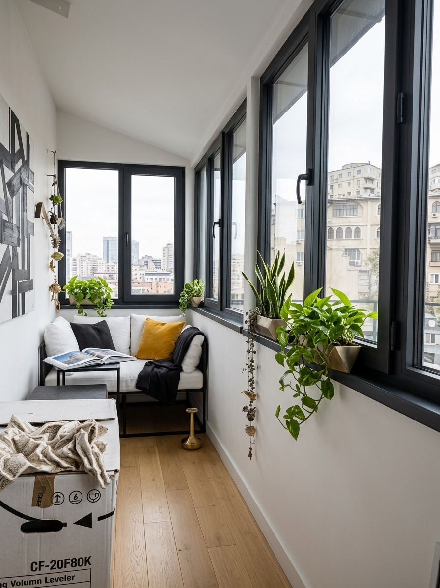 An incredibly lifelike, richly detailed, photorealistic wide-angle interior photo of a sleek modern fusion attic-style loggia set in an urban high-rise apartment. The scene is illuminated by soft, natural morning sunlight streaming through expansive geometric windows, creating a serene, sophisticated, and dynamic atmosphere. Captured with a Hasselblad H6D-100c and a 24mm lens, emphasizing the matte textures of industrial metal, the fine grain of light oak wood, and the glossy finish of sculptural green foliage, the narrow, cluttered balcony is transformed into an open-concept sanctuary blending contemporary minimalism with bold industrial-inspired design. The left wall is finished in a clean, smooth matte-white plaster, showcasing a large piece of abstract monochromatic wall art with bold, geometric black brushstrokes. Seamless, polished blonde-oak planks run along the floor, visually extending the space toward the far end, where a custom-designed lofted modular daybed with a matte-black steel frame nestles perfectly. This daybed is dressed in crisp, clean white linen cushions, accented by high-contrast charcoal throws and a single vibrant mustard-yellow velvet pillow that injects a striking pop of color. Beside the seating, a minimal black-steel side table holds an open premium photography book displaying striking architectural photography. The old window frames are upgraded to slim, modern charcoal-black aluminum casings, framing panoramic views of the city skyline, while the sill is adorned with geometric metallic planters overflowing with lush, vibrant green pothos and architectural snake plants that breathe life into this elegant, balanced urban retreat.