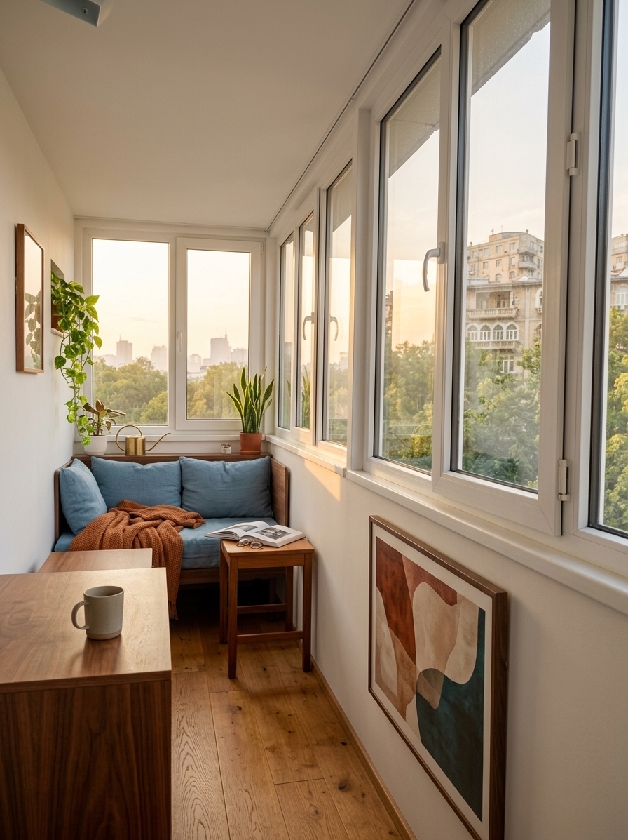 An incredibly lifelike, richly detailed, photorealistic wide-angle interior photo of a transformed attic-style sunroom nook set in a high-rise urban apartment. The scene is illuminated by the soft, warm glow of late afternoon golden hour sunlight streaming through expansive, spotless windows, creating a peaceful, nostalgic, and inviting atmosphere. Captured with a professional 35mm f/1.8 lens, emphasizing the rich, organic grain of teak wood, the tactile weave of linen cushions, and the delicate patterns of light and shadow on the floor, this renovated mid-century modern sanctuary replaces the old balcony with pristine, minimalist white walls and warm, honey-toned oak floorboards. At the far end of the narrow space, a custom low-profile walnut daybed is layered with muted cerulean blue cushions and cozy, burnt-orange throw blankets, embodying a perfect balance of functional design and timeless comfort. Positioned beside it is a sleek teak side table featuring clean, linear legs, displaying a high-quality, open photography book alongside a matte ceramic mug. On the long interior wall, an exquisite piece of abstract wall art in earthy shades of rust, cream, and deep teal commands attention, adding a sophisticated artistic layer that enhances the room’s proportions. Clutter-free surfaces are maintained throughout, punctuated only by iconic mid-century decor like a brass watering can and vibrant indoor plants—including a structural snake plant and a cascading pothos—which draw the eye toward the spotless double-glazed windows. Looking outside, the leafy greens of distant tree canopies and soft, hazy city silhouettes complement the room's warm interior warmth, crafting an exceptionally harmonious living space designed for quiet reflection.