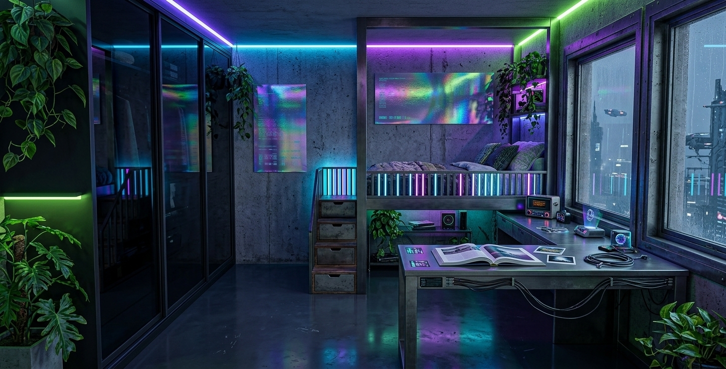An incredibly lifelike, richly detailed, photorealistic wide-angle interior photo of a cyber eclectic fusion bedroom with an integrated loft-bed workspace set in a futuristic urban high-rise apartment. The scene is illuminated by a moody, vibrant combination of hidden neon blue, electric purple, and acid green LED strip lighting, creating an atmospheric techno-noir mood. Captured with a professional full-frame camera and a wide-angle lens, emphasizing the gritty texture of industrial concrete walls, the sleek sheen of metal fixtures, and the shimmering iridescence of holographic wall art. At the center, a dark steel loft bed structure features vertical slatted railings lined with glowing neon elements, accessed by stepped drawer units that flow down to a minimalist cybernetic metal desk; on the desk, an open photography book rests alongside tech-inspired decor and small glowing gadgets. To the left, a massive built-in wardrobe with dark, smoked glass sliding doors sharply reflects the neon ambiance, while to the right, a deep-set window frame reveals a rain-slicked, hazy futuristic skyline through the glass. Adding a burst of organic texture to the metallic-heavy, grunge-inspired design, lush green indoor plants drape elegantly from shelves and corner planters, catching the deep-toned neon reflections casting across the polished charcoal-grey resin floor.