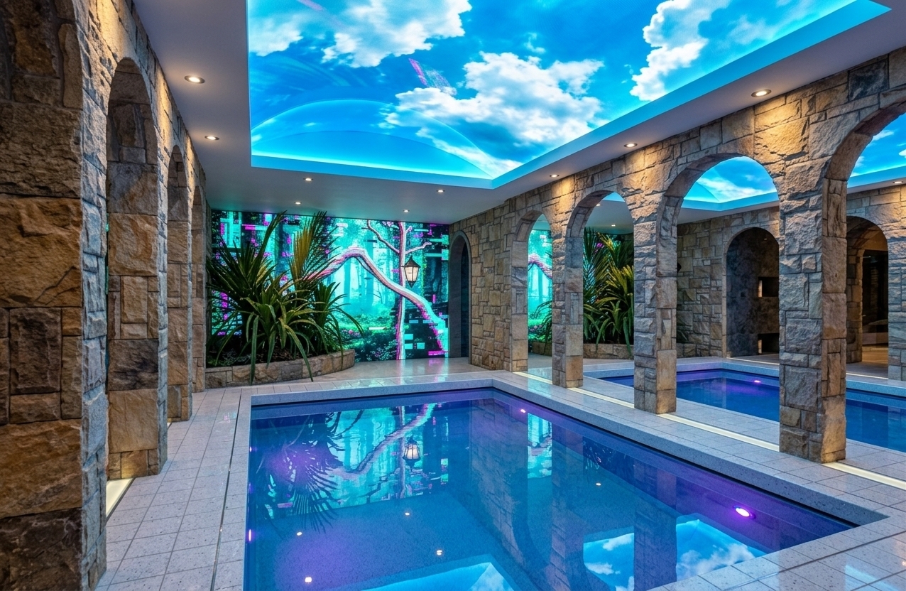 An incredibly lifelike, richly detailed, photorealistic wide-angle interior photo of an indoor pool area designed as a techno wonderland set in a luxurious, futuristic bathhouse. The scene is illuminated by crisp recessed downlights and the vivid glowing radiance of a glossy, holographic-style ceiling depicting a bright cloud-filled sky, creating a vibrant, surreal, and immersive atmosphere. Captured with a high-end 24mm wide-angle lens, emphasizing the stark contrast between the heavy, ancient texture of the rough-hewn stone arcade and the ultra-smooth, reflective surfaces of the water and floor, this shot brings the unique space to life. Towering stone arches frame a series of crystal-clear pools where the rippling water catches electric blue and purple neon undertones, reflecting the digitized sky above. In the background, lush green indoor plants soften the cyber-infused aesthetic, positioned against a playful glitch art wall mural depicting a deep forest, bridging the gap between natural elements and high-tech digital design, while the highly-polished tile flooring and mirror-like reflections hint at modular, innovative, and eclectic design surfaces throughout this dynamic leisure space.
