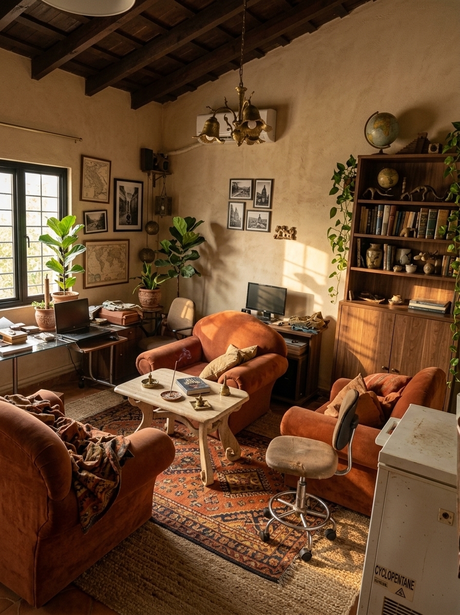 An incredibly lifelike, richly detailed, photorealistic wide-angle interior photo of an eclectic, traveler’s trove-inspired living room set in a rustic modern bungalow. The scene is illuminated by soft, golden afternoon sunlight streaming through a large, refined black-framed window, creating a warm, nostalgic, and adventurous atmosphere. Captured with a 24mm f/2.8 lens, emphasizing the rich textures of globally patterned woven textiles, raw timber grain, and polished stone. The room is thoughtfully reimagined, replacing the former clutter with a harmonious mix of vintage and modern furniture, including a low-profile rust-orange velvet sofa paired with a vintage, hand-carved Indian wooden armchair. These sit atop a layered floor covering composed of a neutral jute rug beneath a vibrant, vintage Turkish Kilim rug showcasing intricate global patterns in shades of terracotta, ochre, and deep indigo. At the center, a sculptural travertine coffee table functions as a collected surface, styled with a heavy Moroccan photography book, a burning stick of incense in a ceramic holder, and small brass travel souvenirs. The walls, finished in a soft, textured sand-colored plaster, are adorned with a gallery of travel-inspired wall art, framed vintage maps, and black-and-white photography. Where the old bookcase and cluttered computer stations stood, beautiful custom floor-to-ceiling built-in walnut shelves now display a curated collection of antique globes, cultural artifacts, and books. To complete the organic, worldly vibe, lush indoor plants—including a tall fiddle-leaf fig and a trailing devil’s ivy—flourish in terracotta pots near the window, while the overhead dark wooden ceiling beams are beautifully preserved to contrast against the room’s bright, vibrant accents and earthly tones.