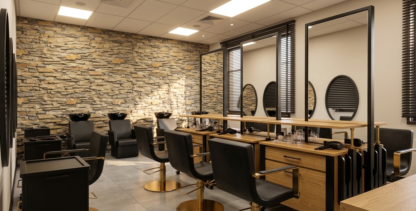 An incredibly lifelike, richly detailed, photorealistic interior photo of a sleek beauty salon workshop set in a serene digital zen environment. The scene is illuminated by bright, glowing rectangular ceiling light panels and soft sunlight filtering through dark horizontal window blinds, creating a warm, focused, and inviting atmosphere. Captured with a 24mm architectural lens, emphasizing the rich contrast between the rustic stone accent wall and the polished metallic accents, the space showcases a series of double-sided styling stations crafted from light-grained golden oak with elegant black steel frames housing tall rectangular mirrors. Matching modern black leather salon chairs with striking gold-plated pedestals, armrests, and footrests are positioned meticulously at each station, reflecting the soft light. In the background, modern, clean-lined black shampoo chairs with deep basins are nestled against the textured earth-toned ledgestone wall. On the left side, professional matte black salon tools trolleys stand seamlessly alongside matching black-and-gold chairs. Below, the floor is clad in large, pristine 600mm x 600mm light gray ceramic tiles that mirror the warm ambient lighting, completing this highly organized and luxurious professional space.