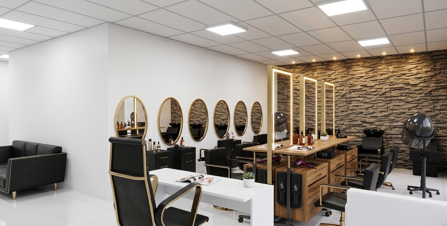 An incredibly lifelike, richly detailed, photorealistic wide-angle interior photo of a contemporary boutique salon set in a refined urban workshop space. The scene is illuminated by bright, fully lit recessed square ceiling lights and subtle warm spotlighting, creating a sophisticated and professional atmosphere. Captured with a 24mm architectural lens, emphasizing the seamless interplay of high-contrast textures, metallic accents, and pristine finishes. The floor is laid with pristine, highly reflective 600mm x 600mm white porcelain tiles that mirror the elegant layout. In the foreground, a sleek, minimalist white front desk is paired with an ergonomic black leather and gold-trimmed executive chair. Along the crisp white left wall, a series of identical oval mirrors with chic gold frames are mounted above professional, matte-black saloon tool trolleys, accompanied by luxury black leather styling chairs boasting gold-finished armrests and bases. Down the center, custom double-sided oak wood grooming islands are flanked by matching black and gold chairs, leading the eye toward the rear of the salon. In the background, against a textured feature wall of rugged, earth-toned stacked stone, the washing station features premium, all-black modern shampoo chairs and integrated basins, completing this showcase of contemporary elegance.